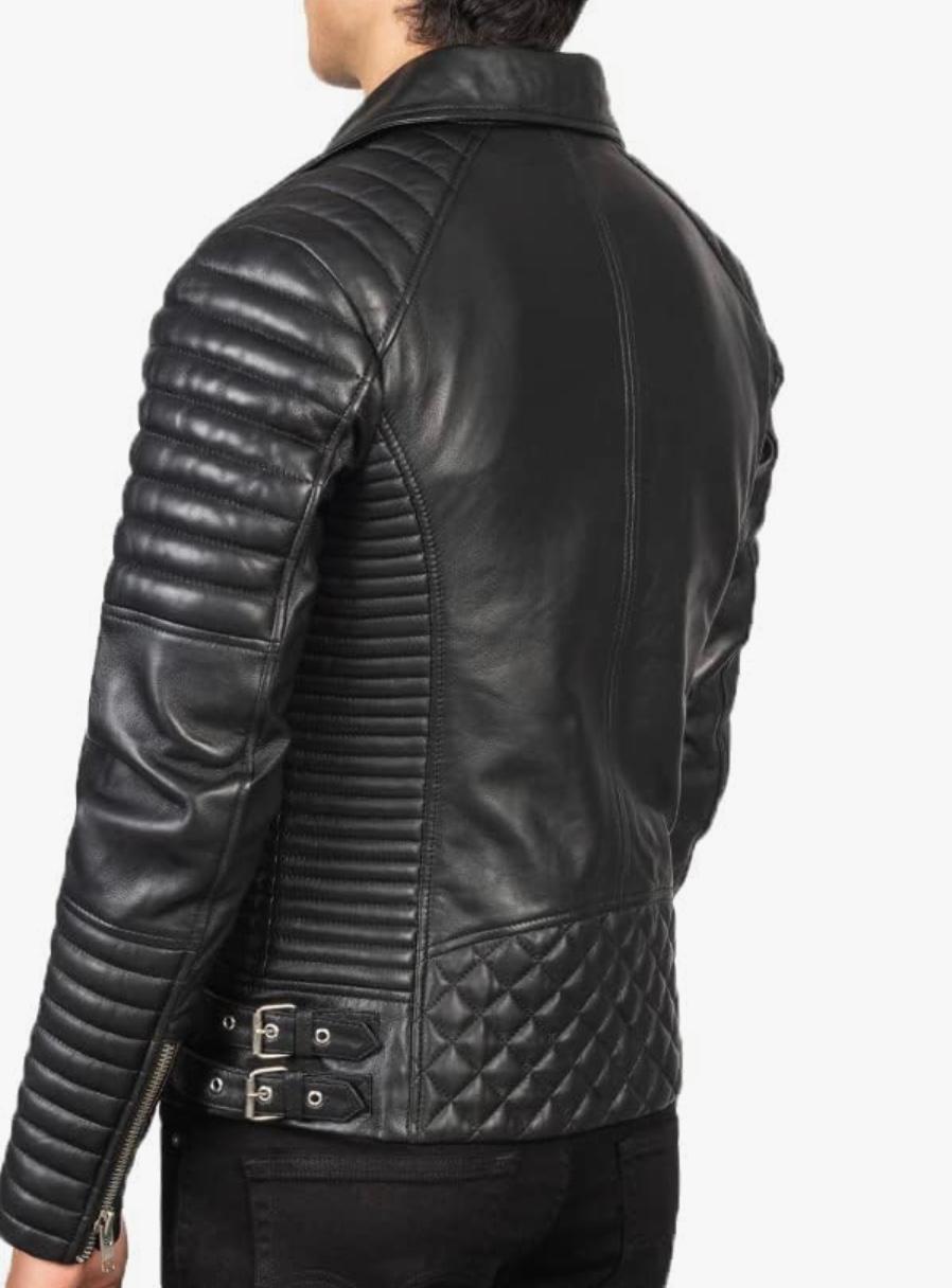 Men's Quilted Leather Biker Jacket in Black