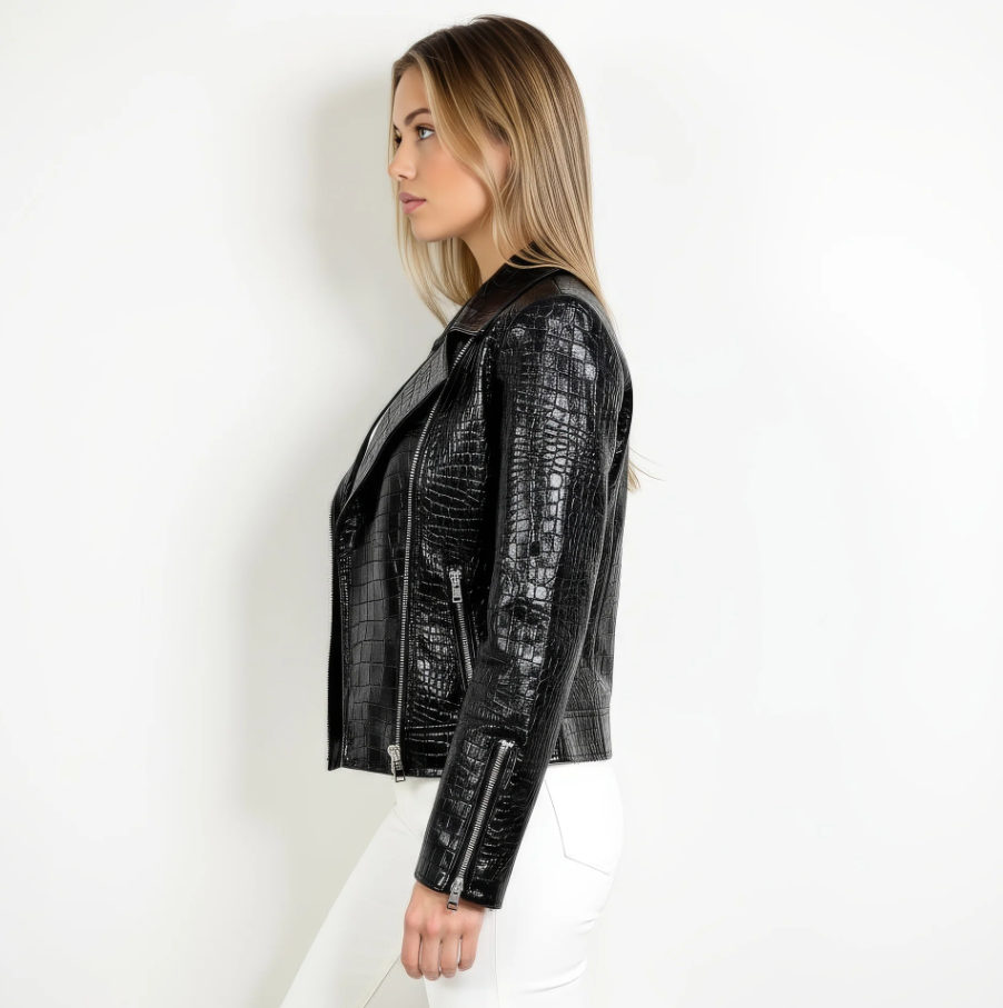 Black faux leather crocodile jacket