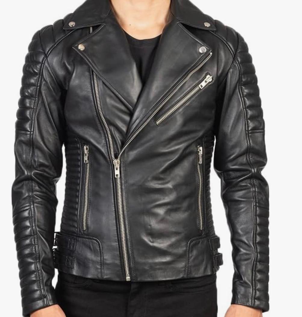 Men's Quilted Leather Biker Jacket in Black