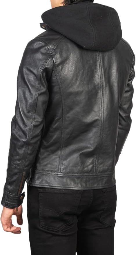 Men's Black Leather Jacket with Hood