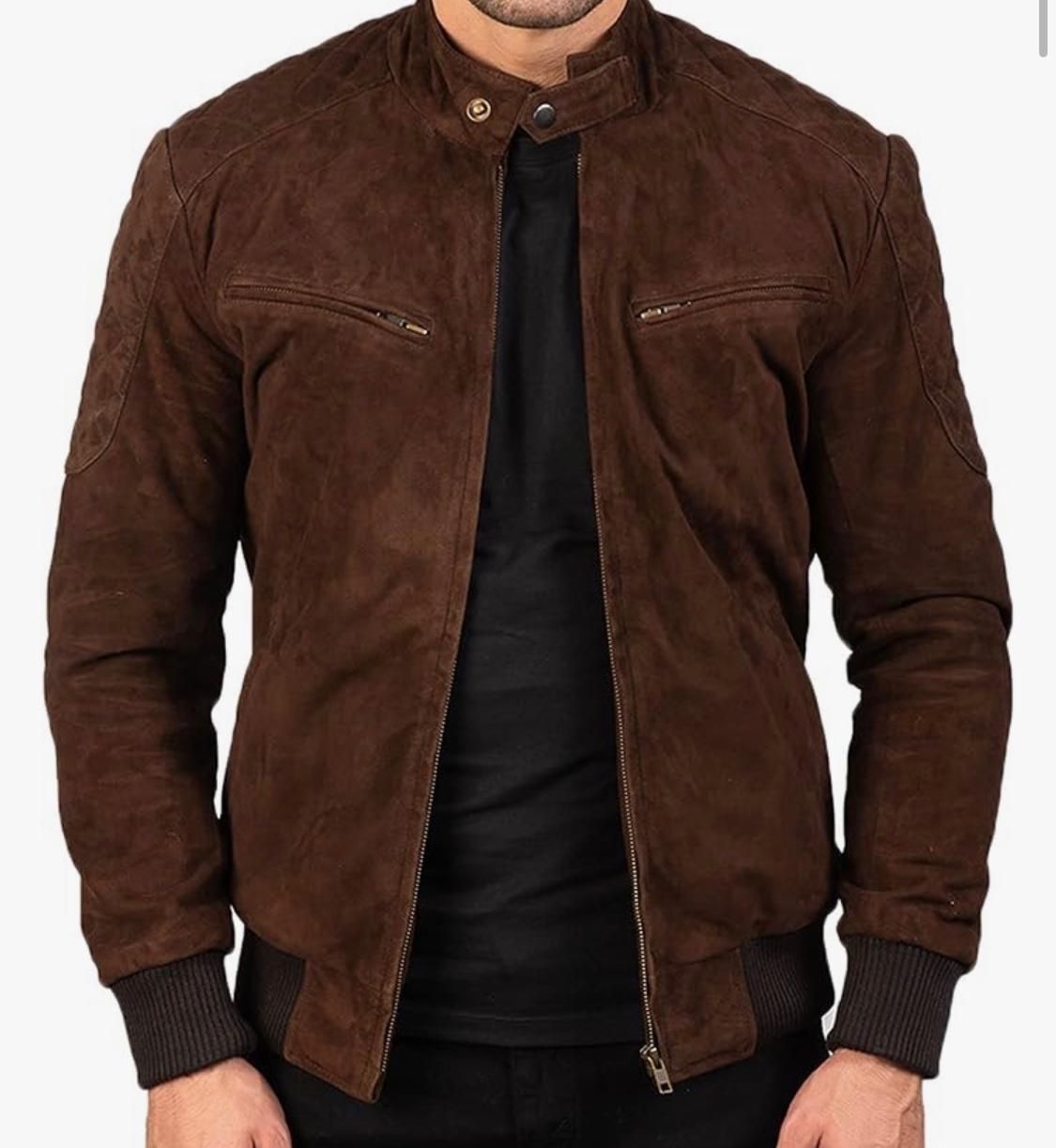 Brown Suede Bomber Jacket With Ribbed Trim