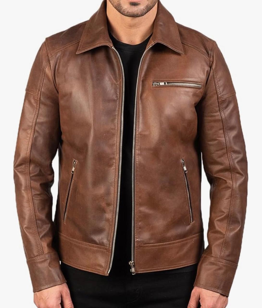 Men's Classic Leather Jacket in Caramel