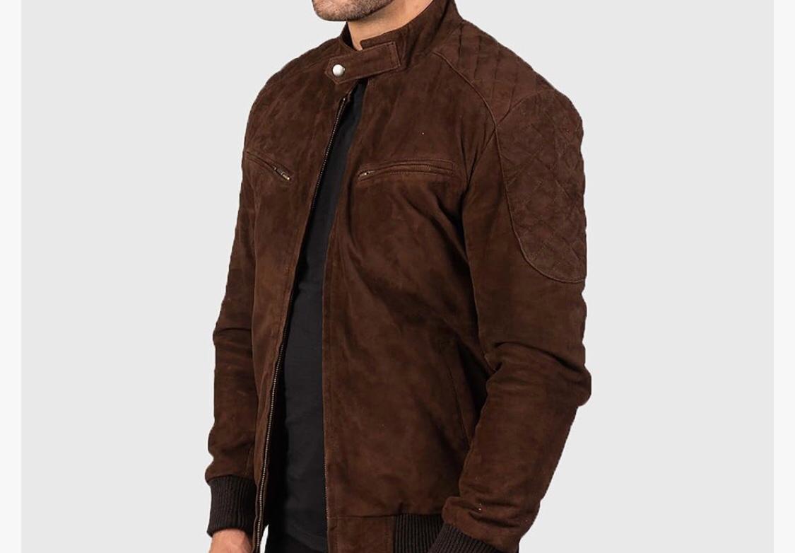 Brown Suede Bomber Jacket With Ribbed Trim
