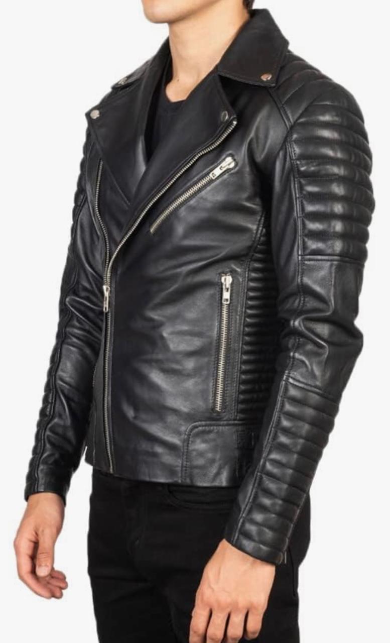 Men's Quilted Leather Biker Jacket in Black
