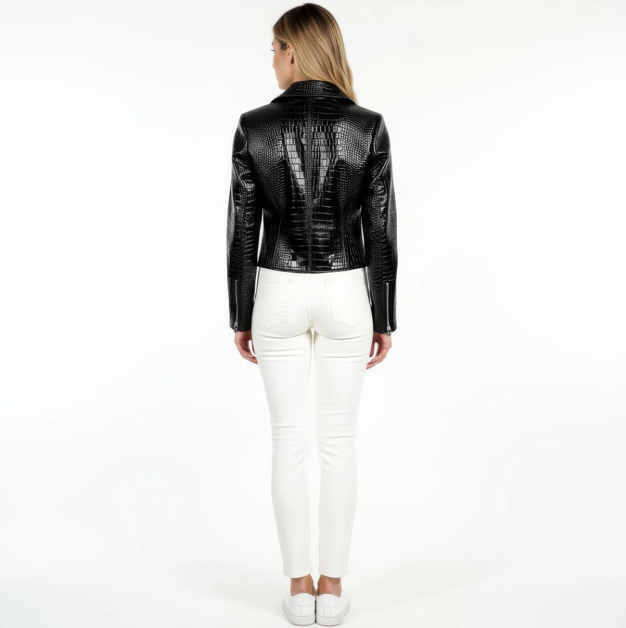 Black faux leather crocodile jacket