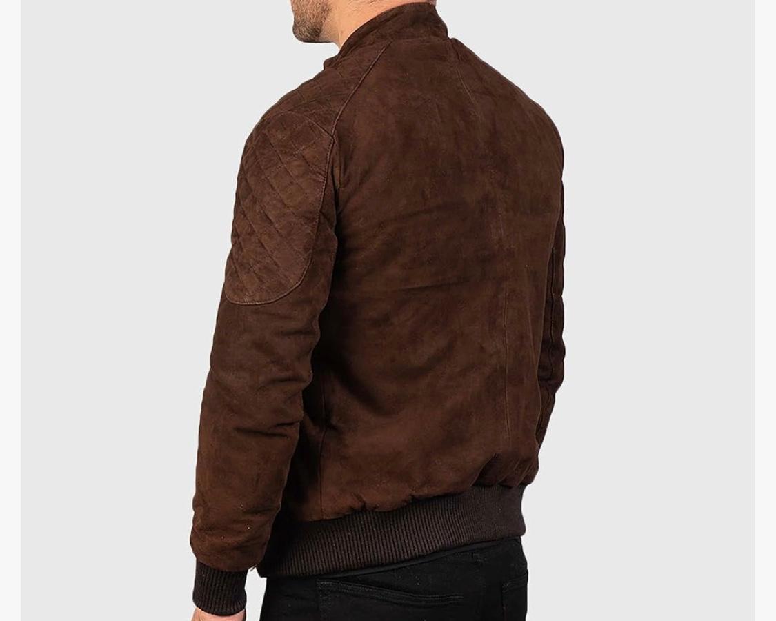 Brown Suede Bomber Jacket With Ribbed Trim