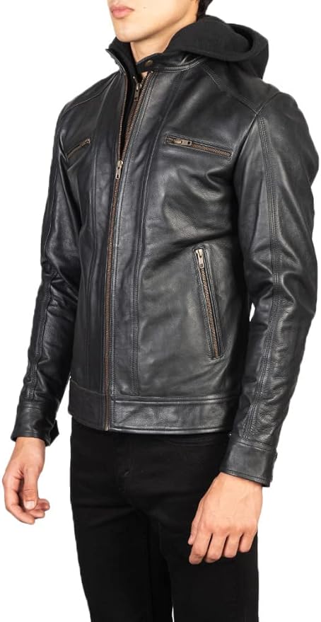 Men's Black Leather Jacket with Hood