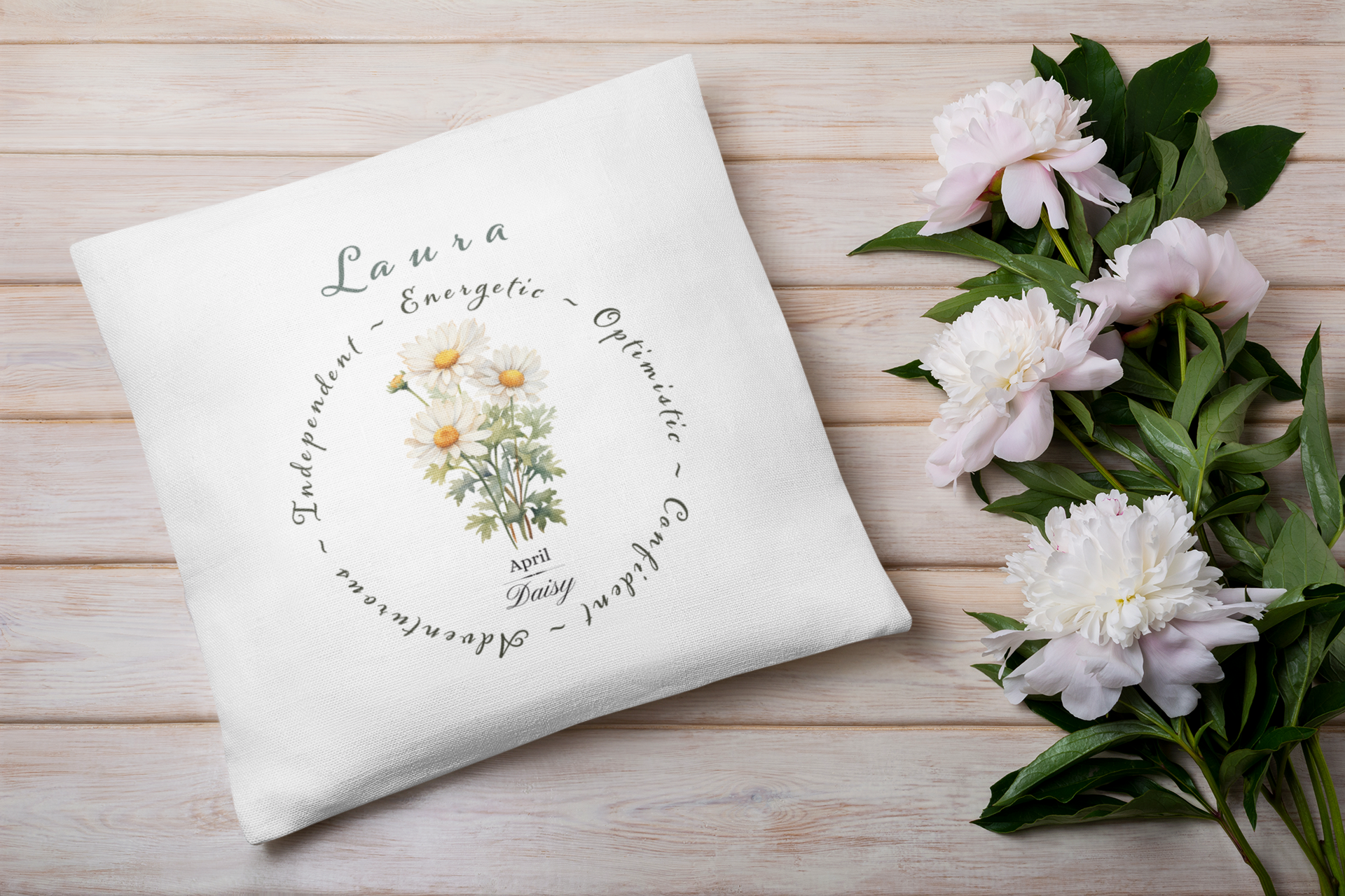 Personalised April Birth Flower Cushion – Daisy Design – Custom Name Gift – My Birth Bloom