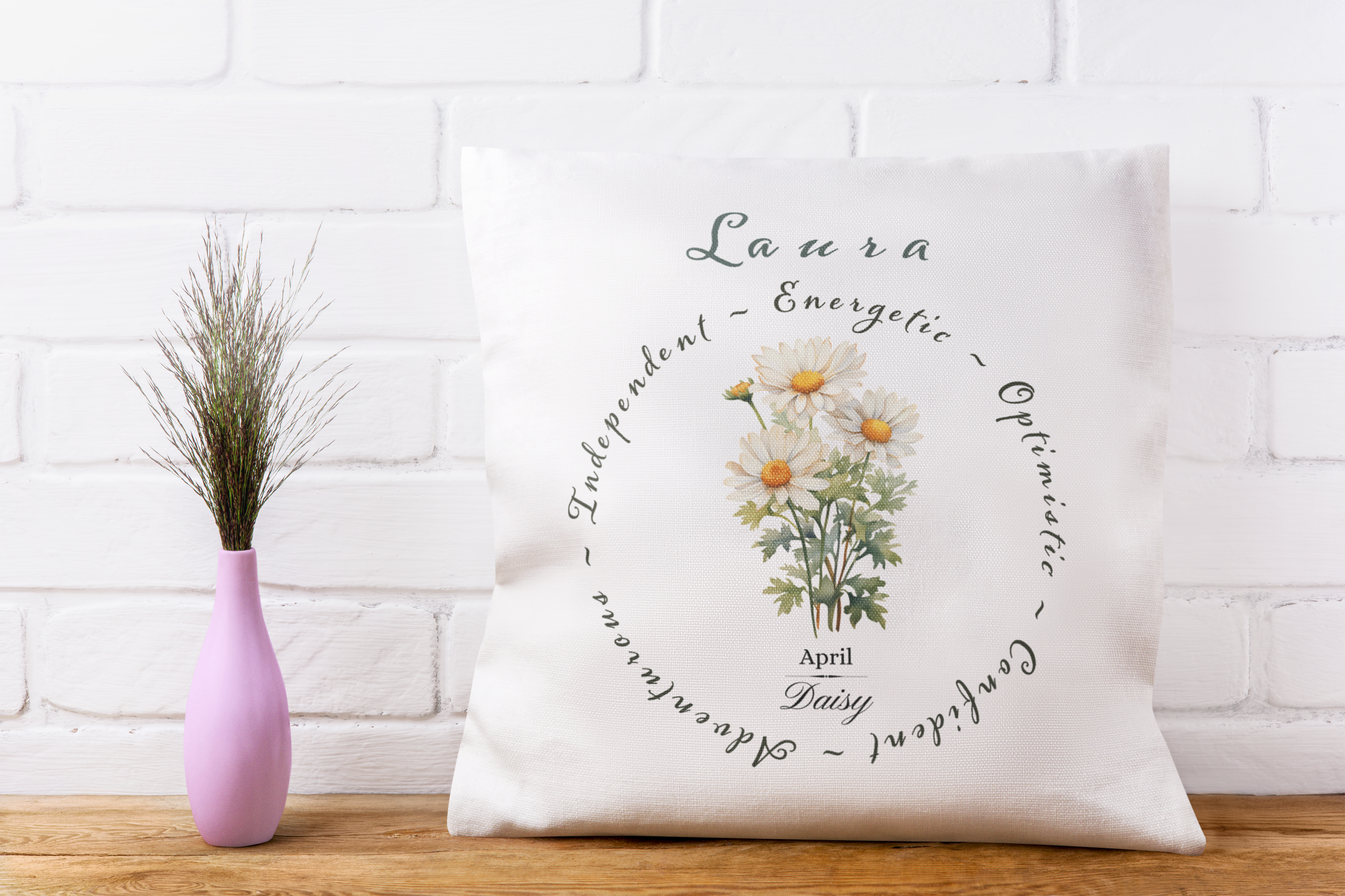 Personalised April Birth Flower Cushion – Daisy Design – Custom Name Gift – My Birth Bloom