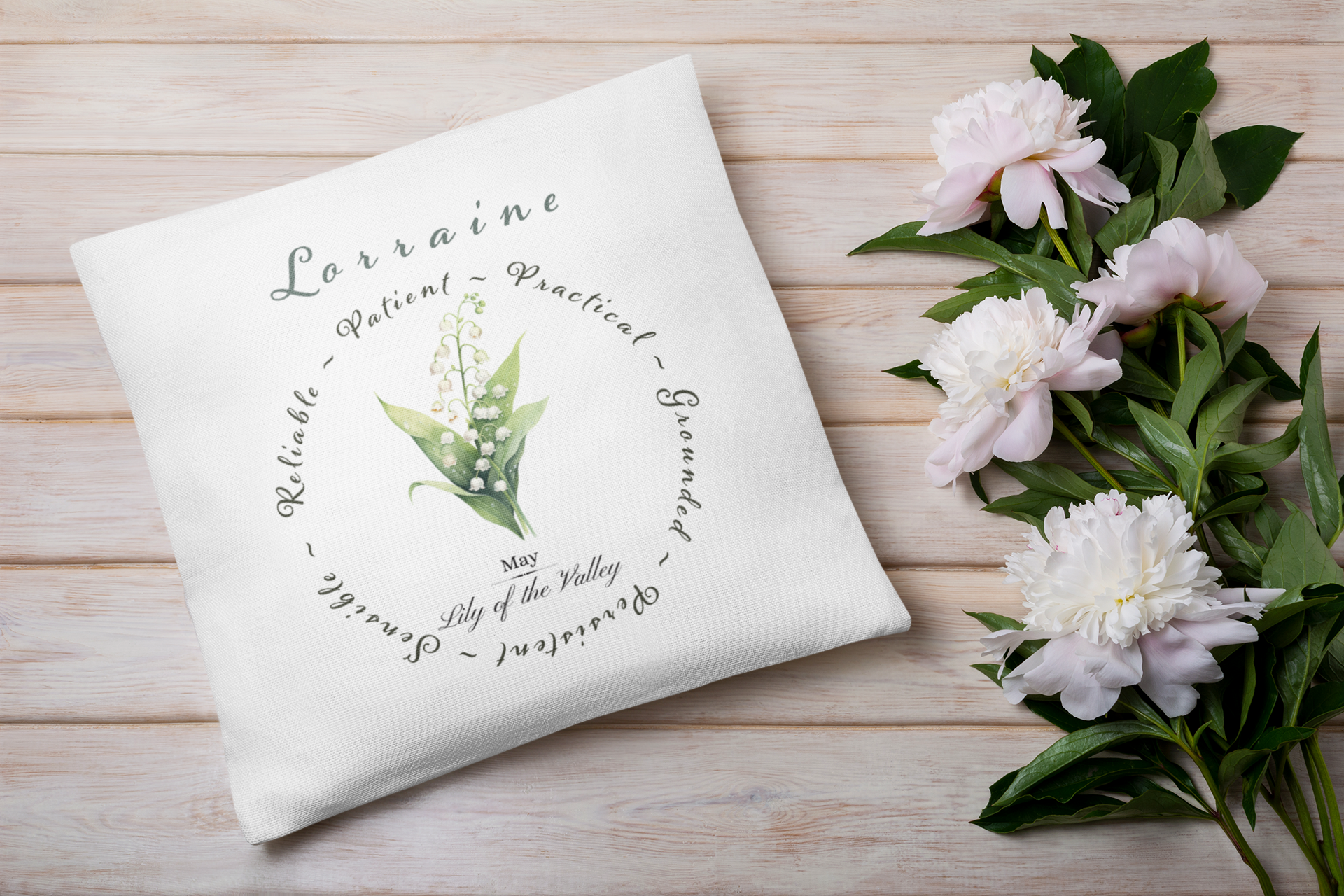 Personalised May Birth Flower Cushion – Lily of the Valley & Hawthorn Printed Design – Custom Name Gift UK