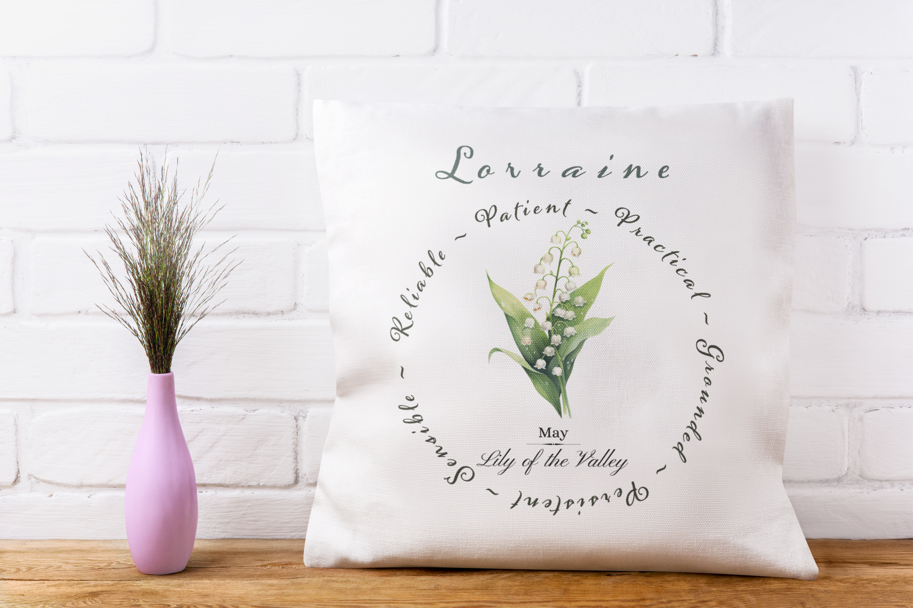 Personalised May Birth Flower Cushion – Lily of the Valley & Hawthorn Printed Design – Custom Name Gift UK