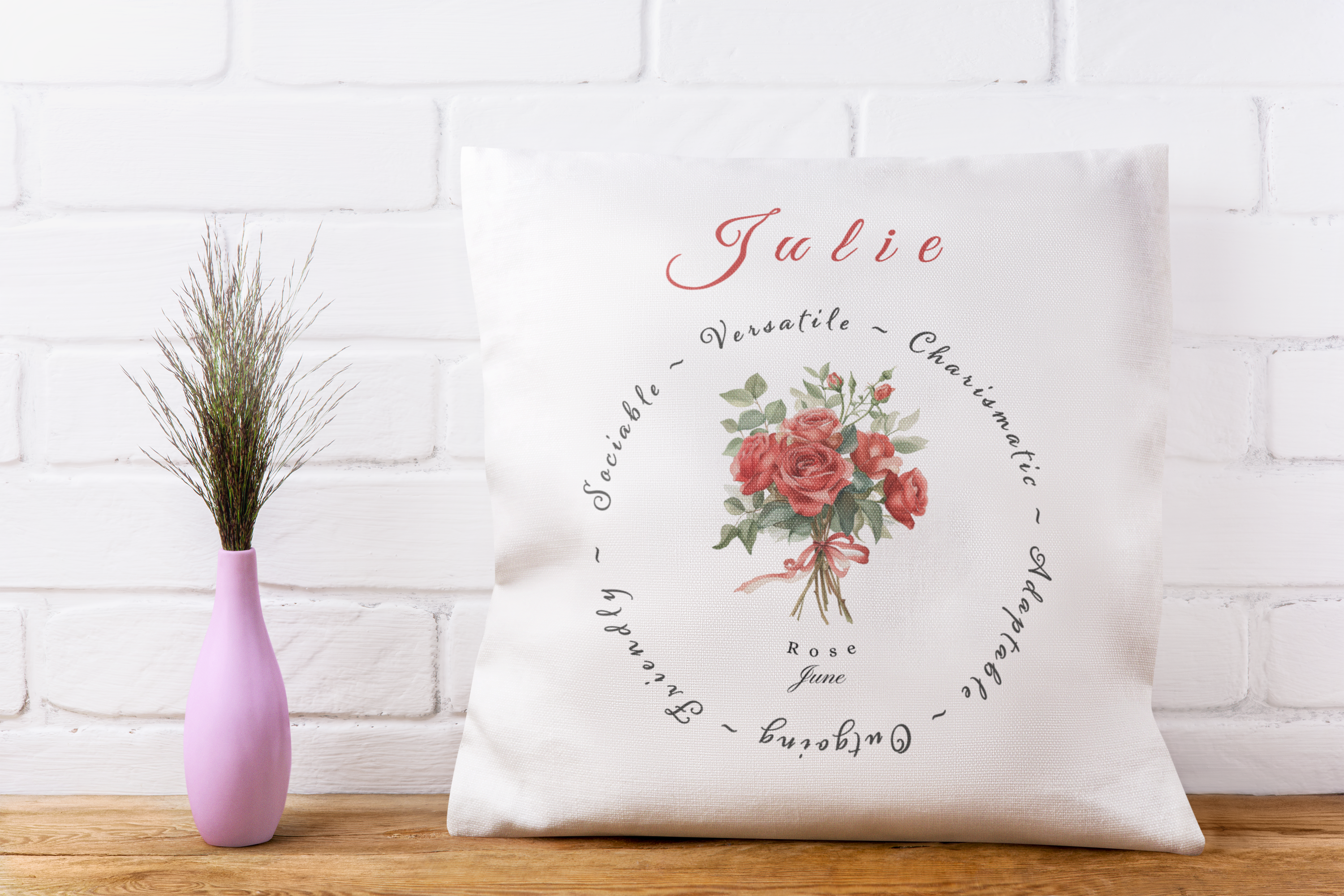 Personalised June Birth Flower Cushion – Rose & Honeysuckle Printed Design – Custom Name Gift UK