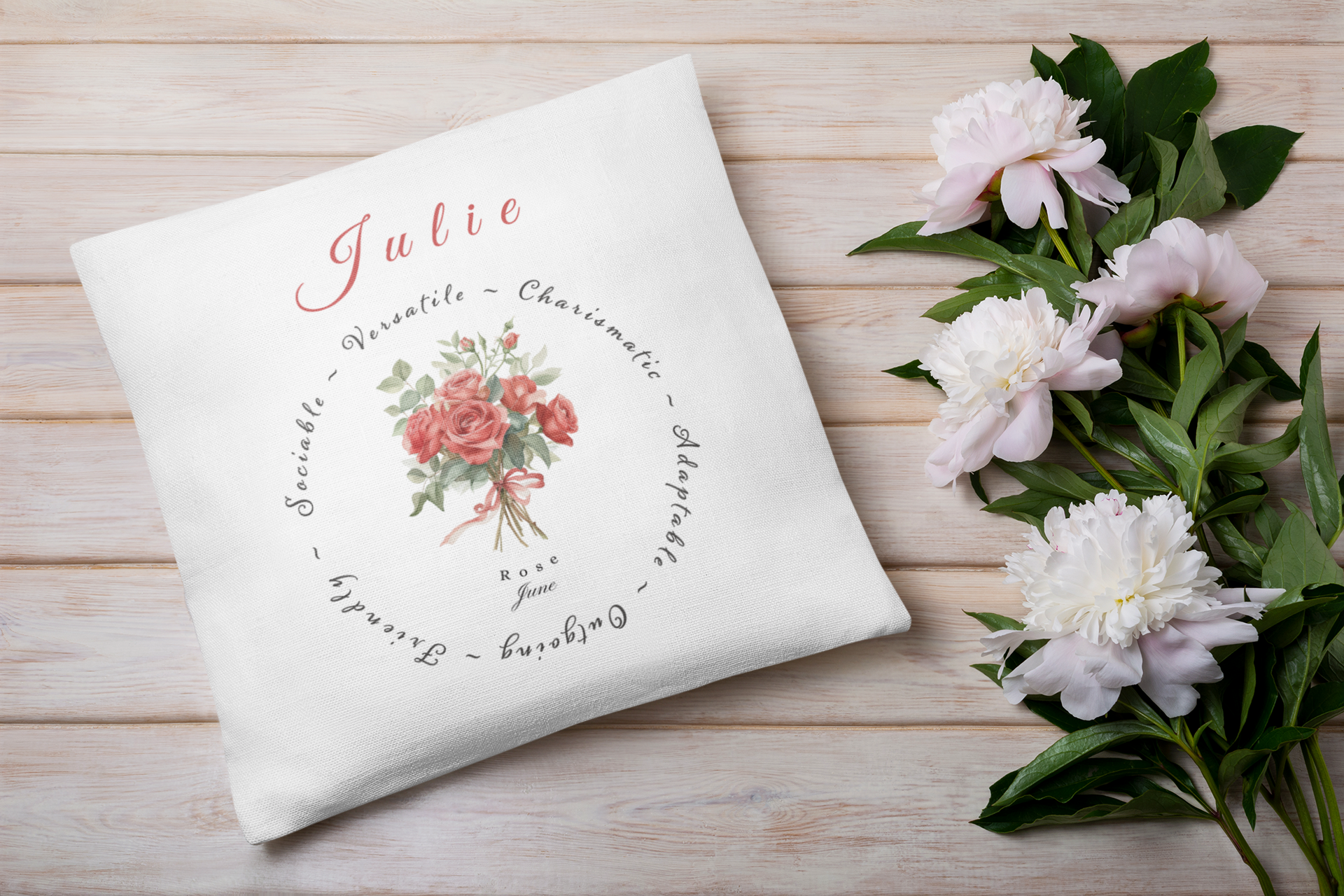 Personalised June Birth Flower Cushion – Rose & Honeysuckle Printed Design – Custom Name Gift UK