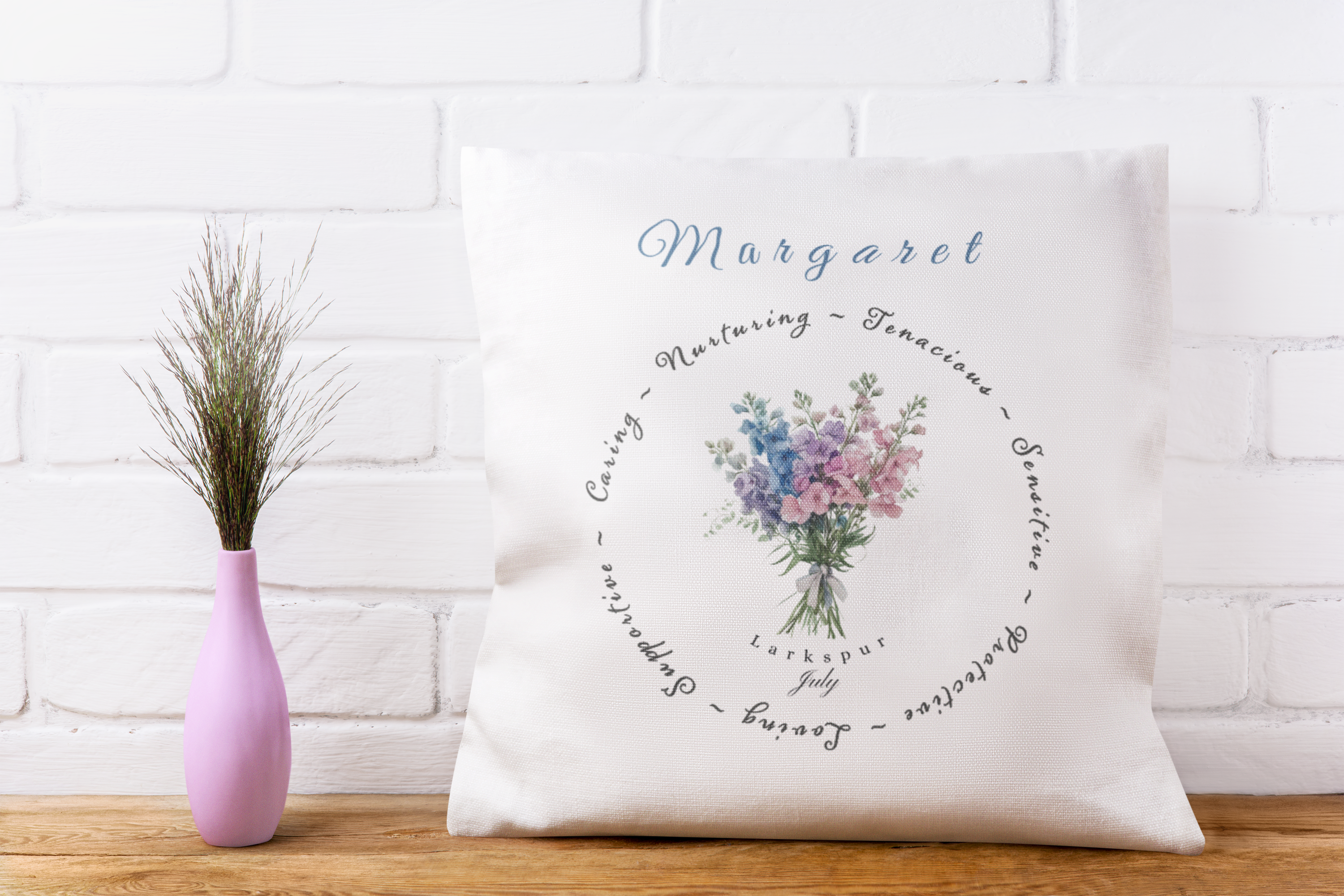 Personalised July Birth Flower Cushion – Larkspur – Custom Name Gift UK