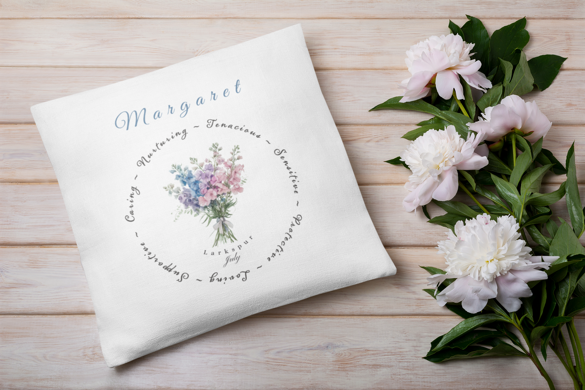 Personalised July Birth Flower Cushion – Larkspur – Custom Name Gift UK