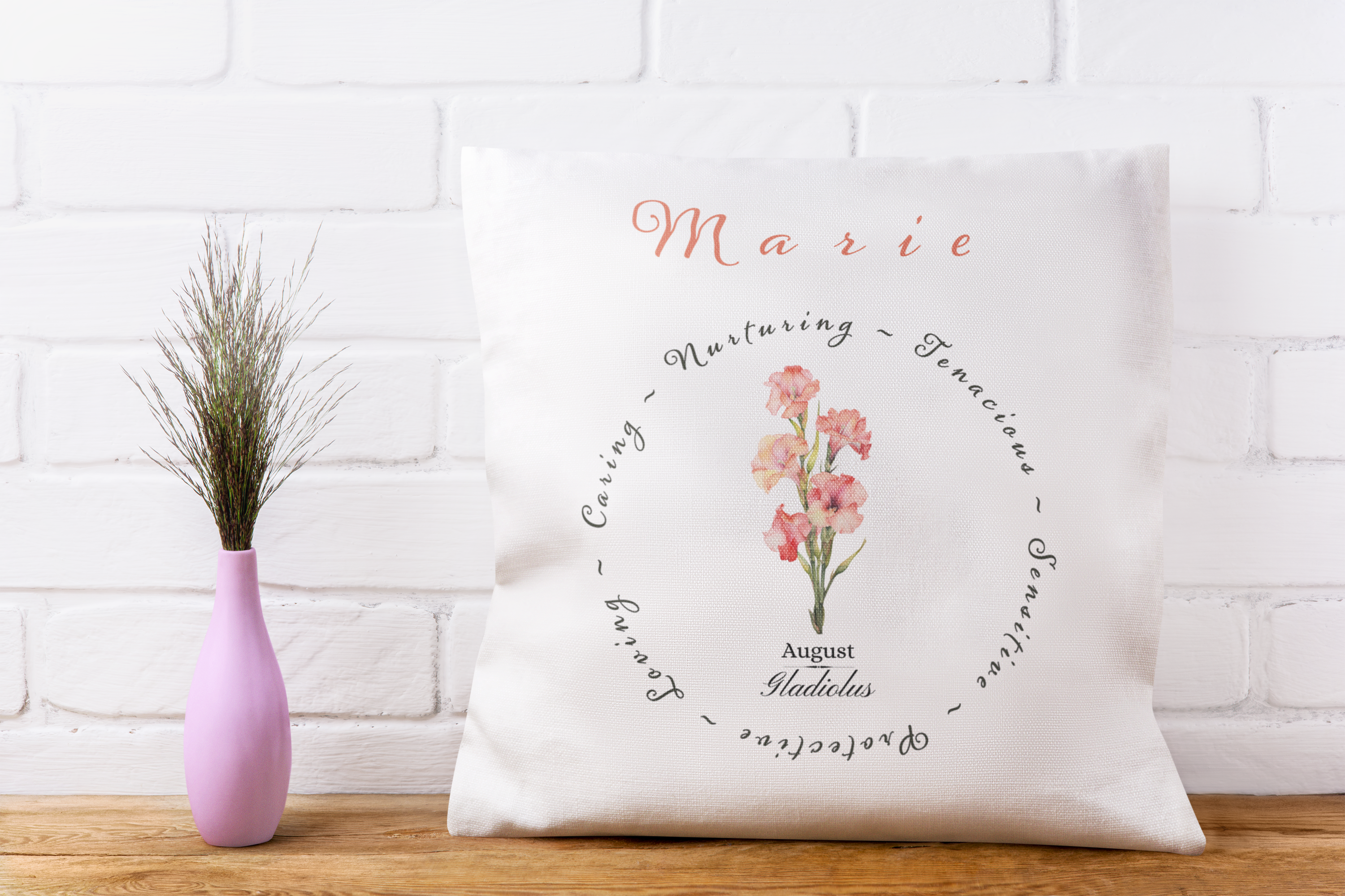 Personalised August Birth Flower Cushion – Gladiolus Printed Design – Custom Name Gift UK