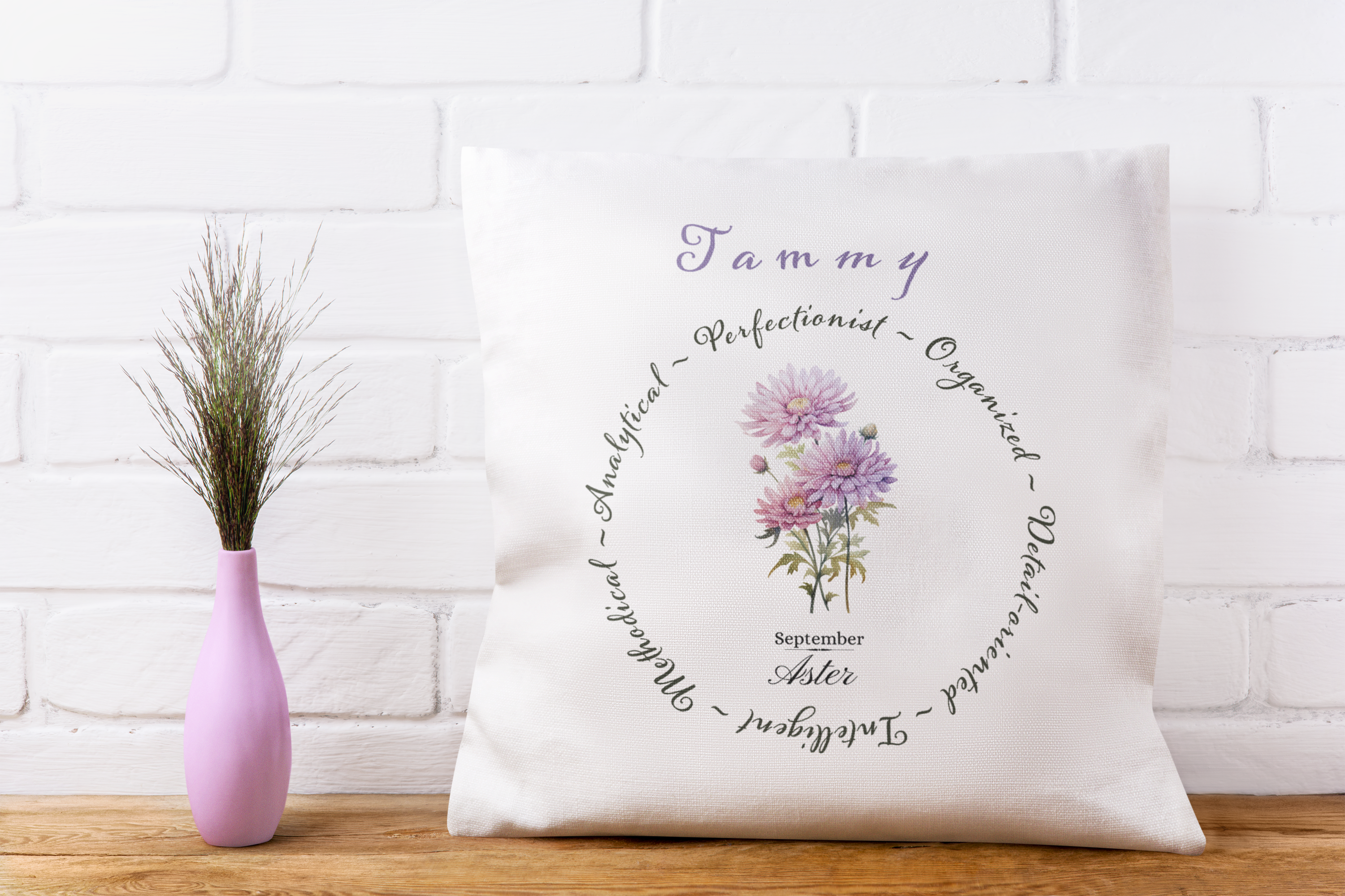 Personalised September Birth Flower Cushion – Aster Design – Custom Name Gift UK