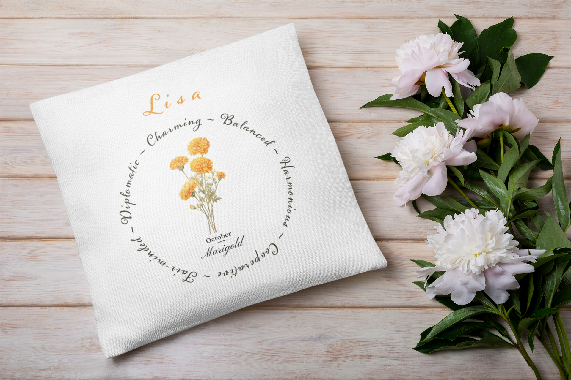 Personalised October Birth Flower Cushion – Marigold Flowers & Harmonious Traits Printed Design – Custom Name Gift UK