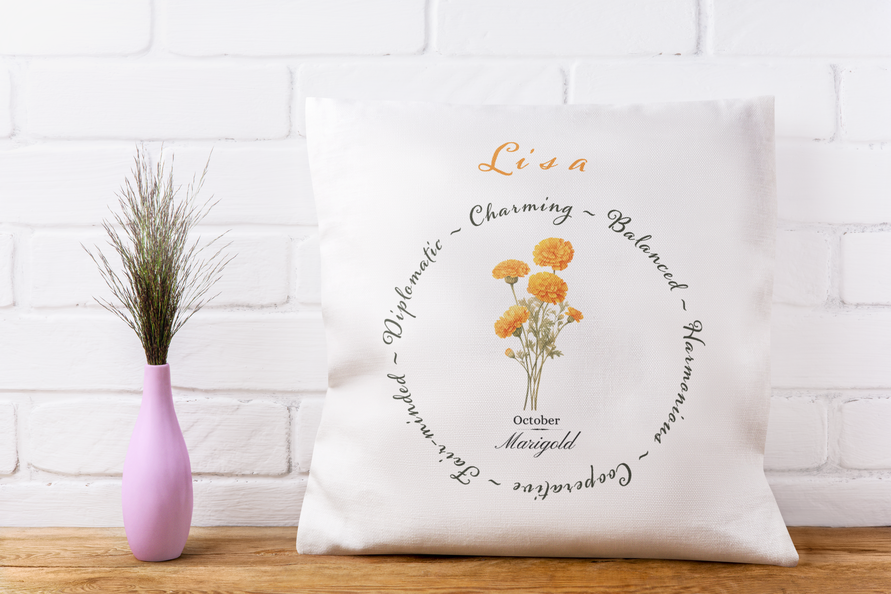 Personalised October Birth Flower Cushion –  Marigold Flowers & Harmonious Traits Printed Design – Custom Name Gift UK  