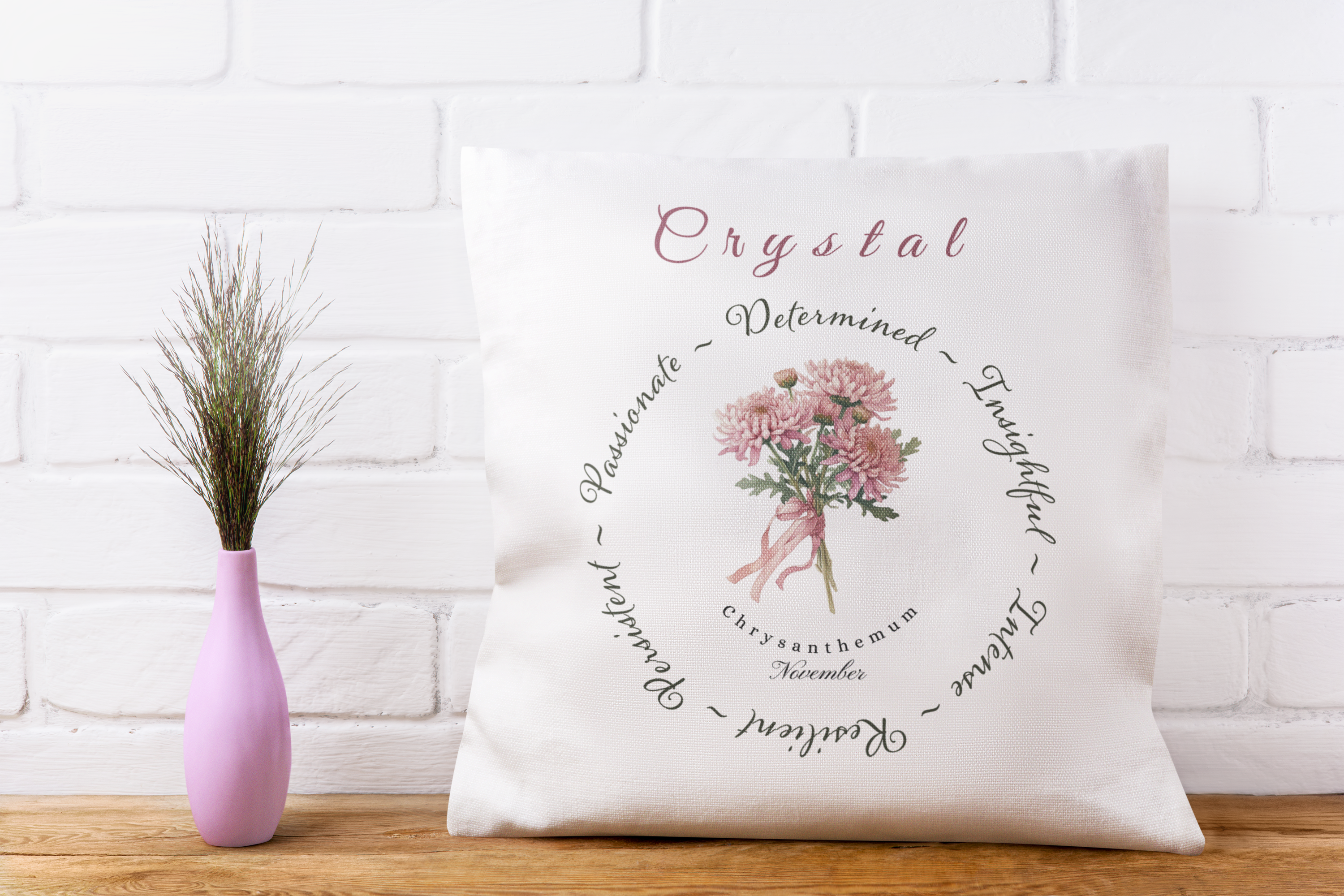 Personalised November Birth Flower Cushion – Chrysanthemums Flowers Printed Design – Custom Name Gift UK 
