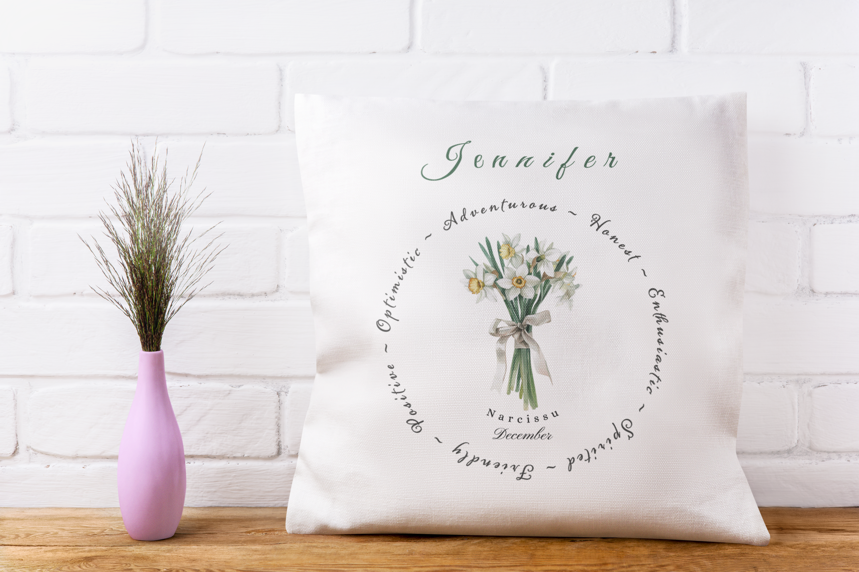 Personalised Decemebr Birth Flower Cushion – Narcissus Printed Design – Custom Name Gift UK 