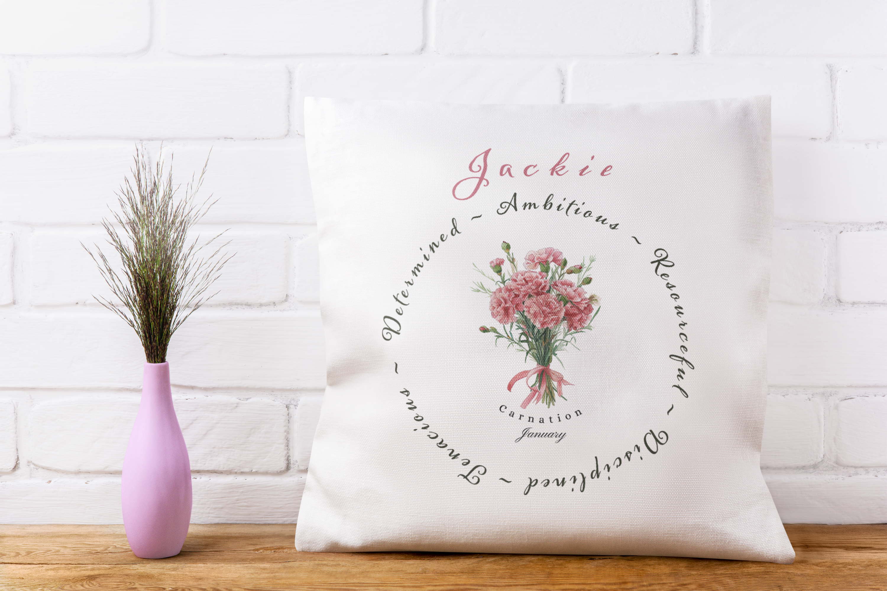 Personalised January Birth Flower Cushion – Carnation Flowers Printed Design – Custom Name Gift UK 