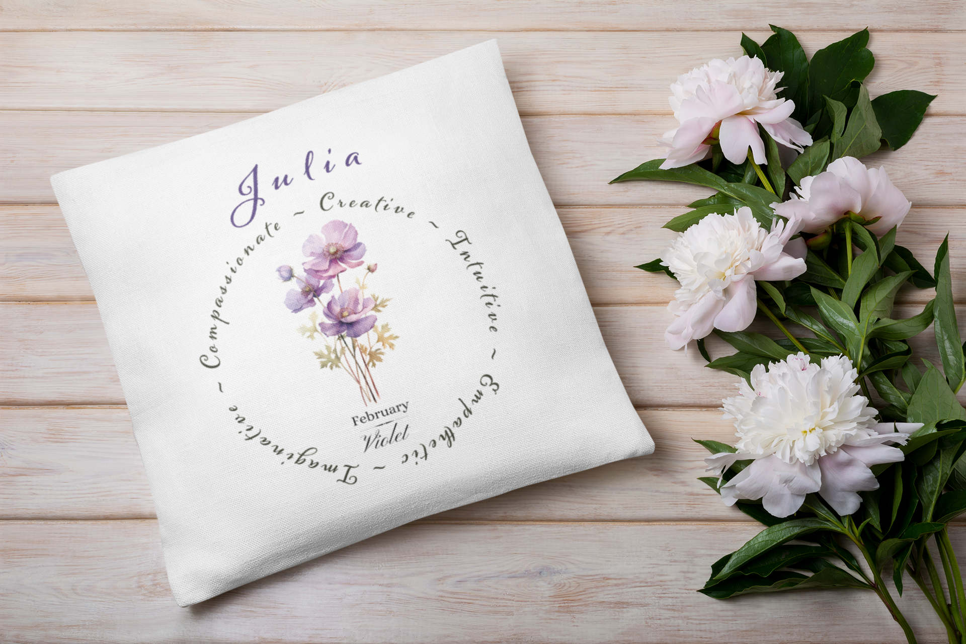 Personalised February Birth Flower Cushion – Violet Flowers Printed Design – Custom Name Gift UK