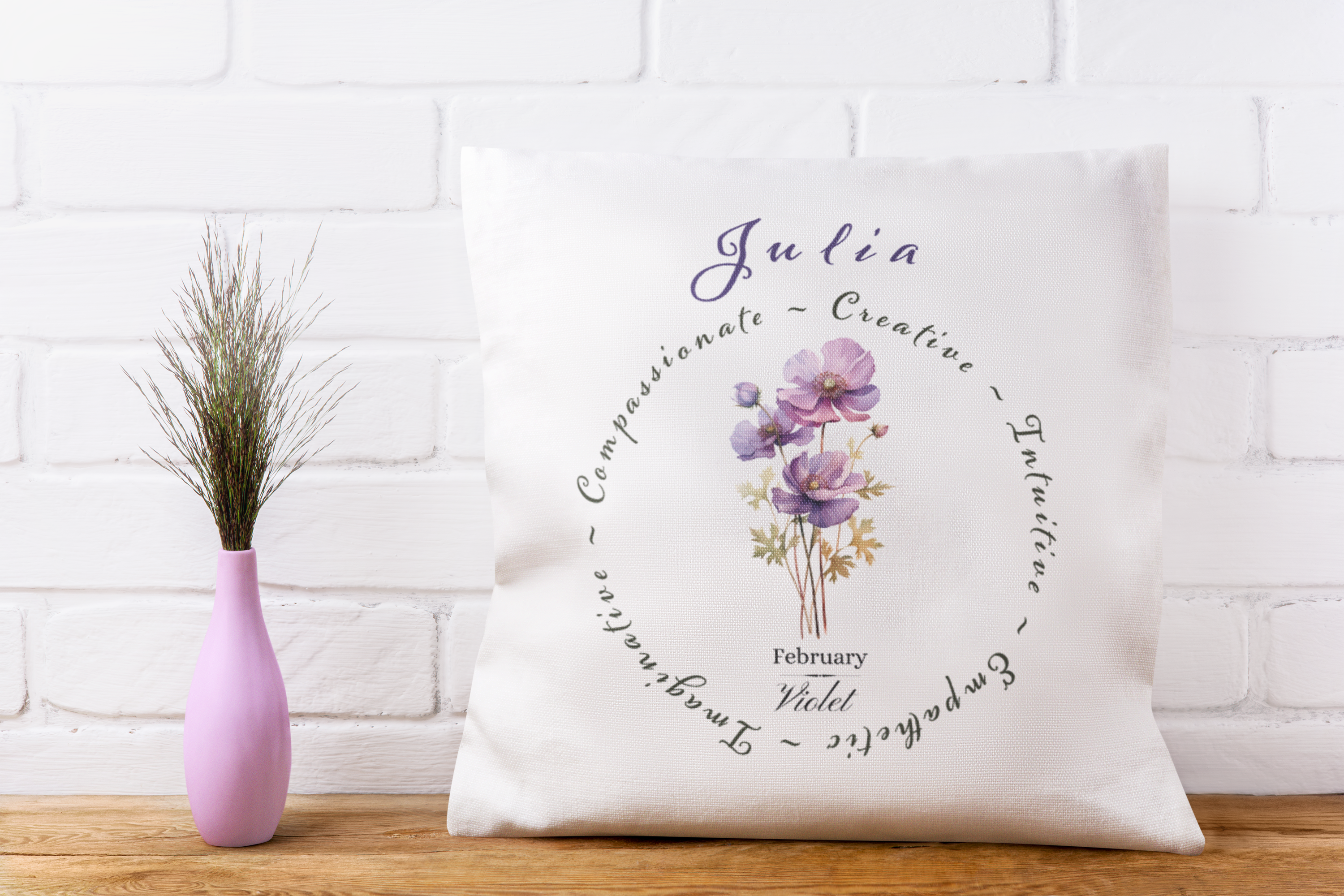 Personalised February Birth Flower Cushion – Violet  Flowers Printed Design – Custom Name Gift UK 