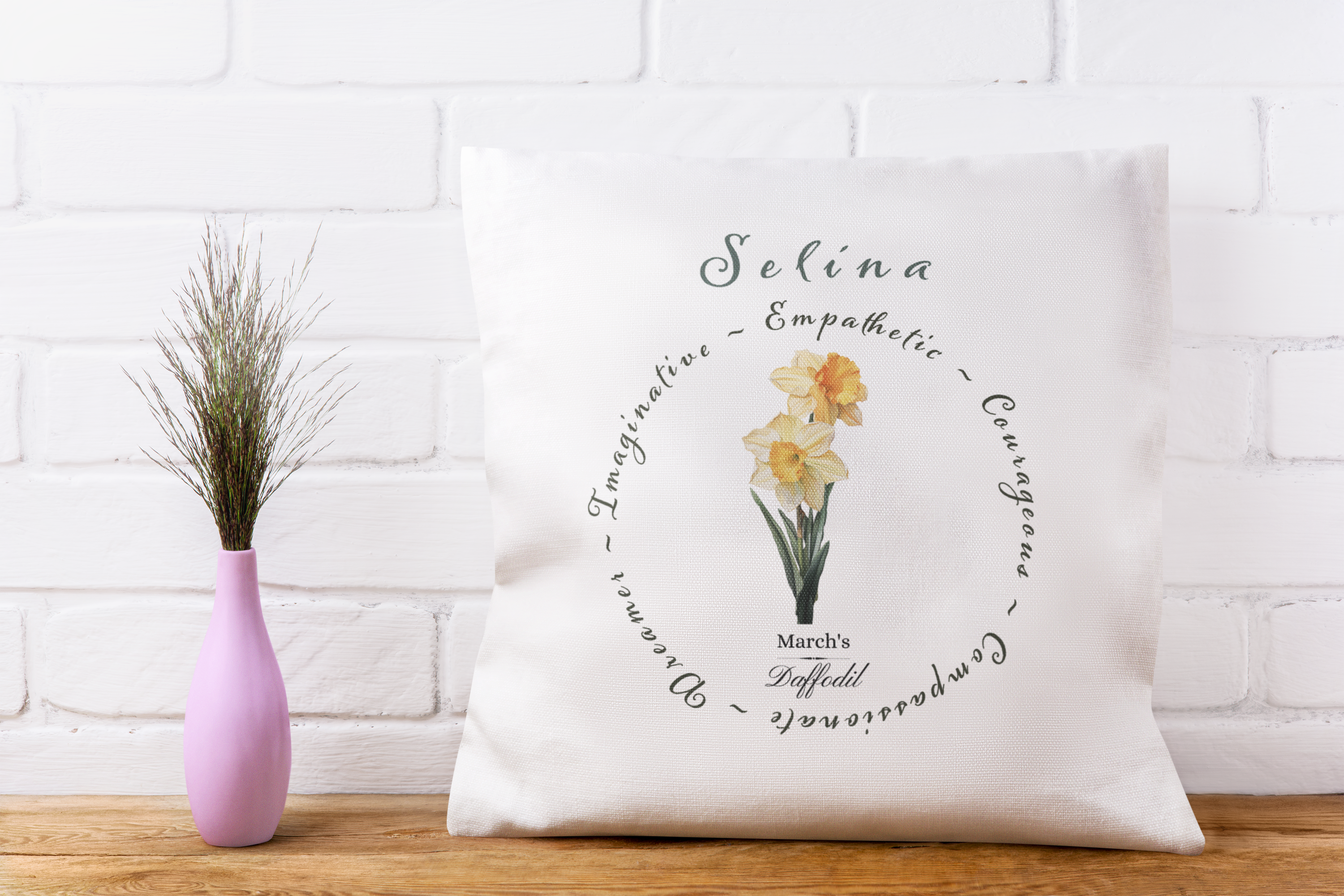 Personalised March Birth Flower Cushion – Daffodil   Flowers Printed Design – Custom Name Gift UK 