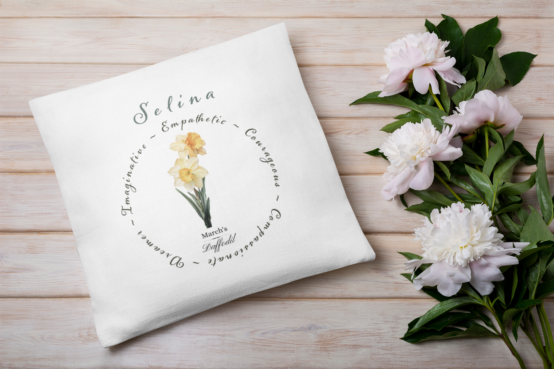 Personalised March Birth Flower Cushion – Daffodil Flowers Printed Design – Custom Name Gift UK