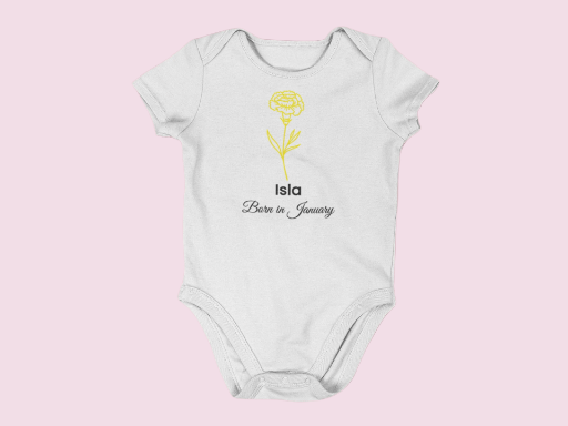 Personalised January Birth Flower Baby Grow – Carnation Design