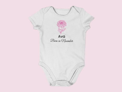Personalised November Birth Flower Baby Grow – Chrysanthemum Design