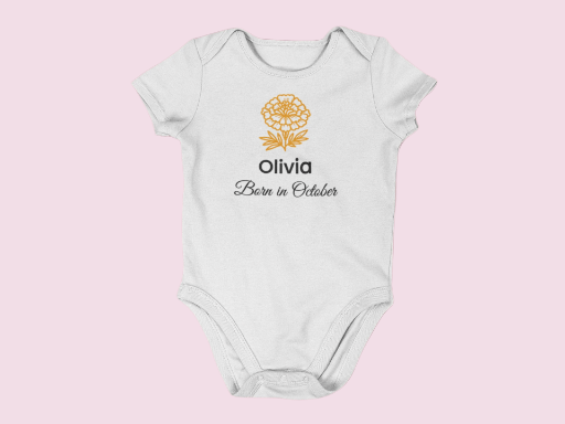 Personalised October Birth Flower Baby Grow – Marigold Design