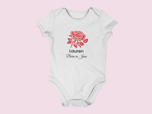 Personalised June Birth Flower Baby Grow – Red Rose