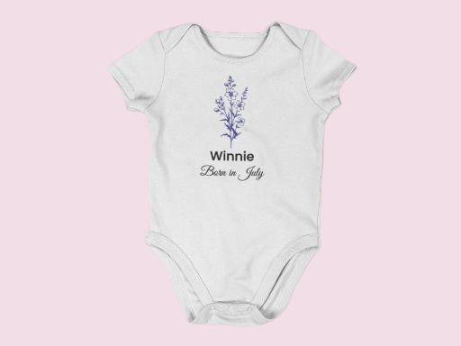 Personalised July Birth Flower Baby Grow – Delphinium Design