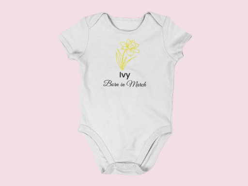 Personalised March Birth Flower Baby Grow – Daffodil Design