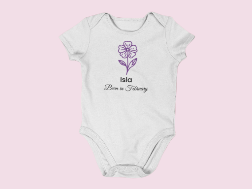 Personalised February Birth Flower Baby Grow – Violet Design