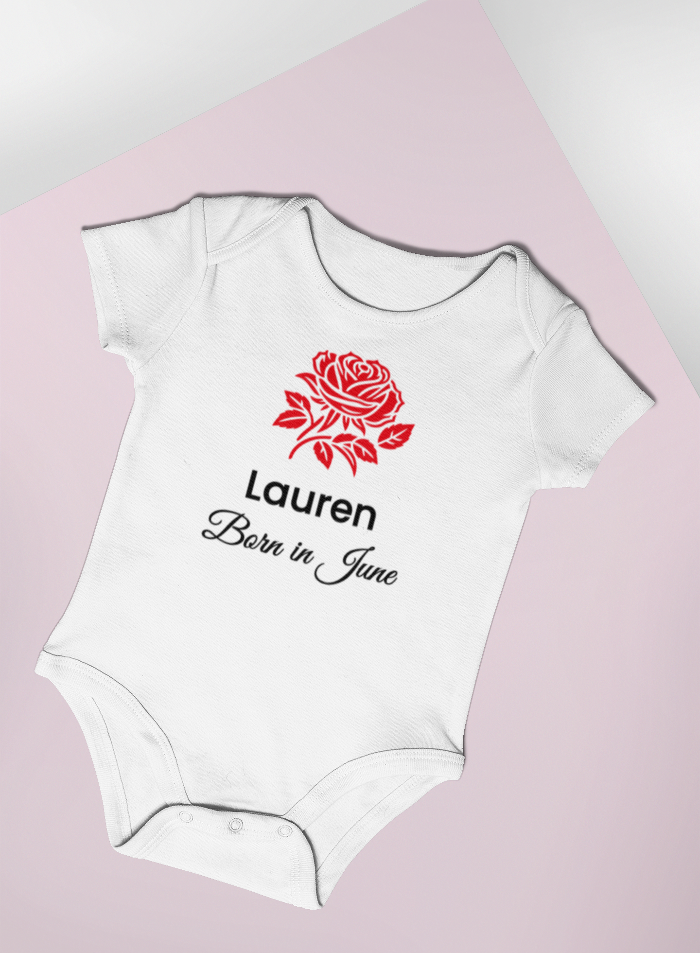 Personalised June Birth Flower Baby Grow – Red Rose