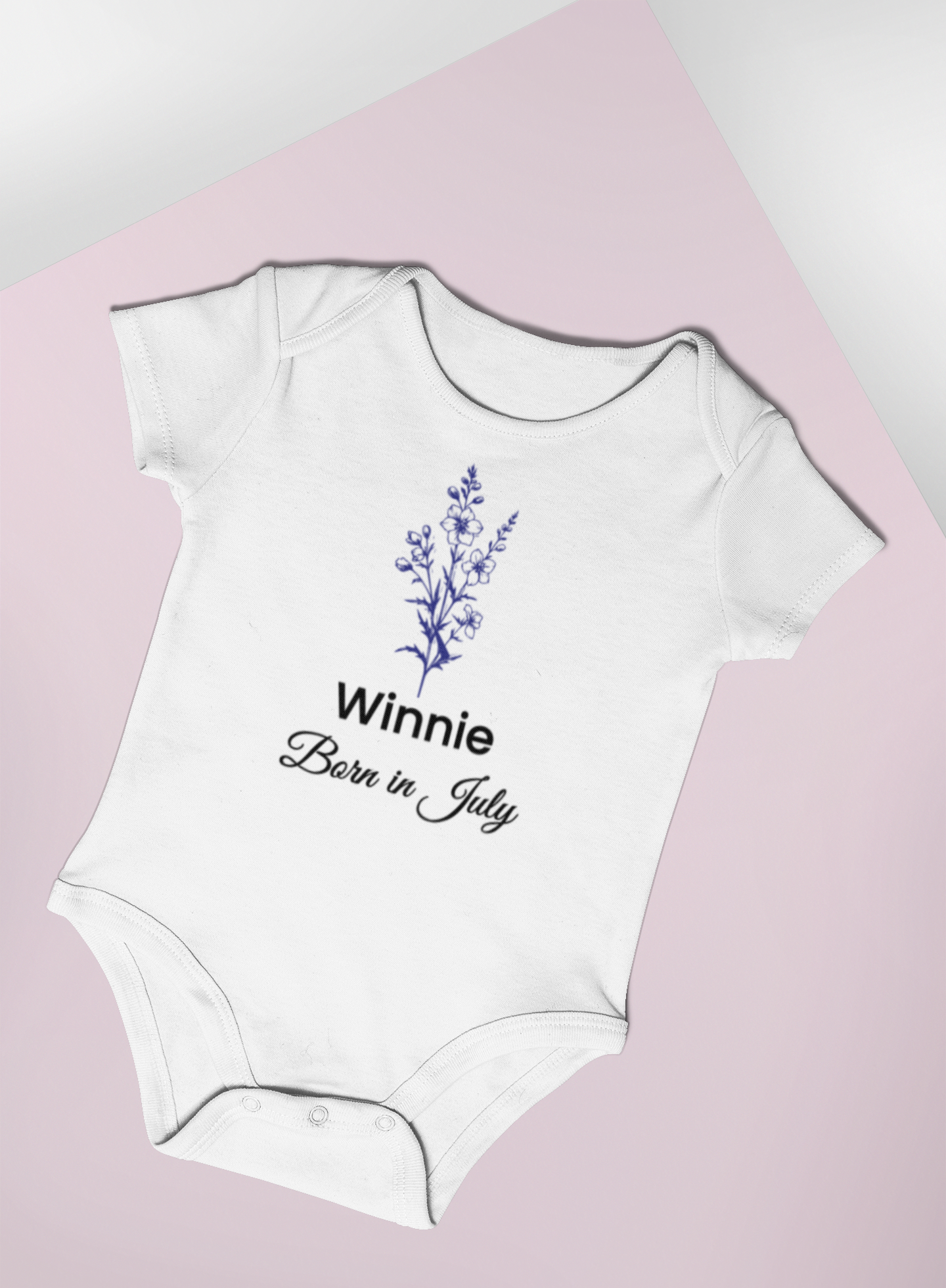 Personalised July Birth Flower Baby Grow – Delphinium Design
