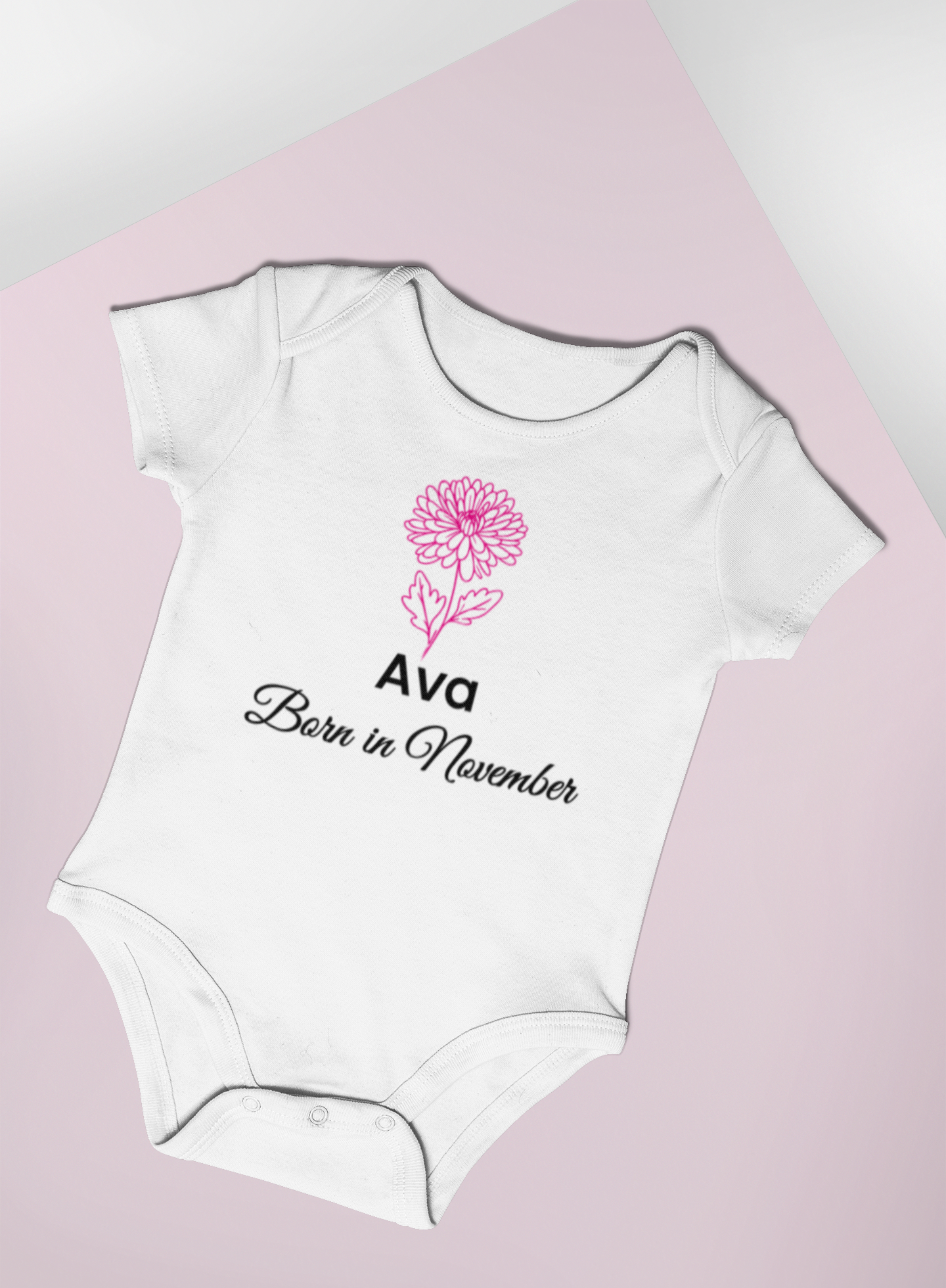 Personalised November Birth Flower Baby Grow – Chrysanthemum Design