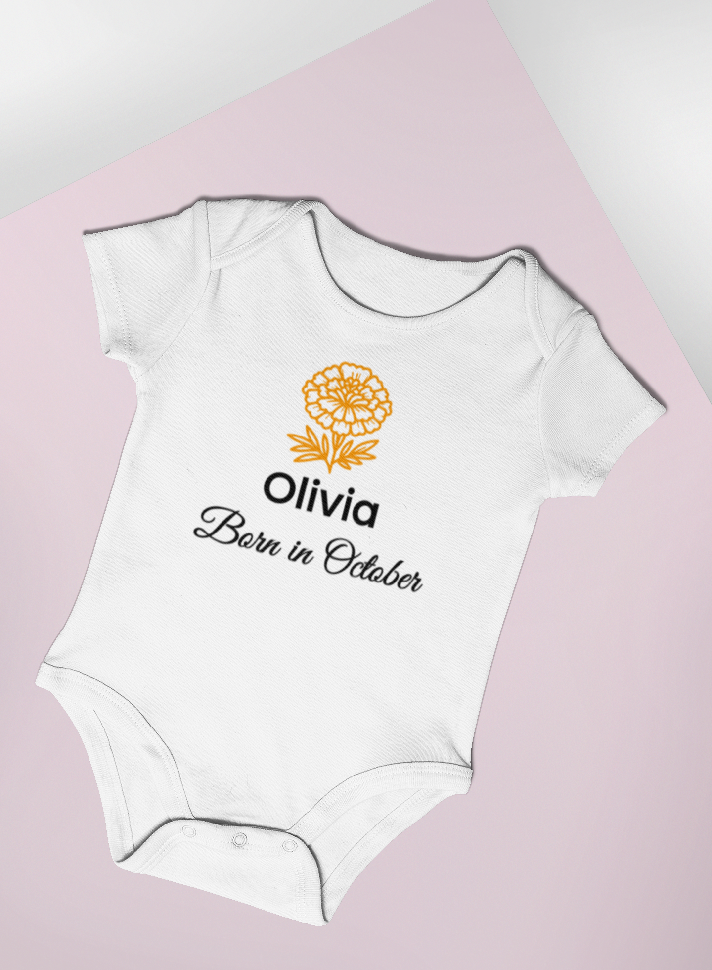 Personalised October Birth Flower Baby Grow – Marigold Design