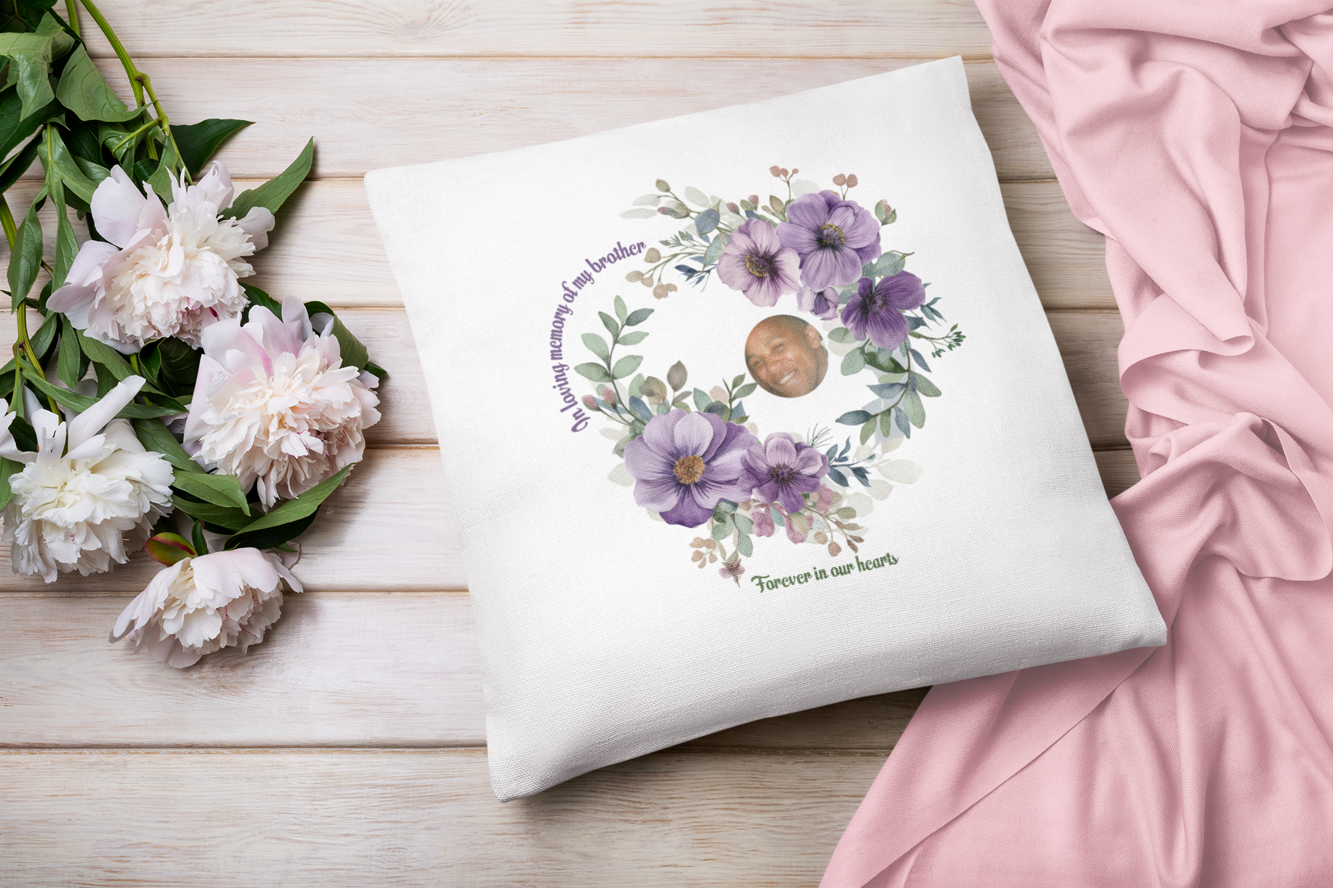 Personalised February Birth Flower Memorial Cushion – Violet Remembrance