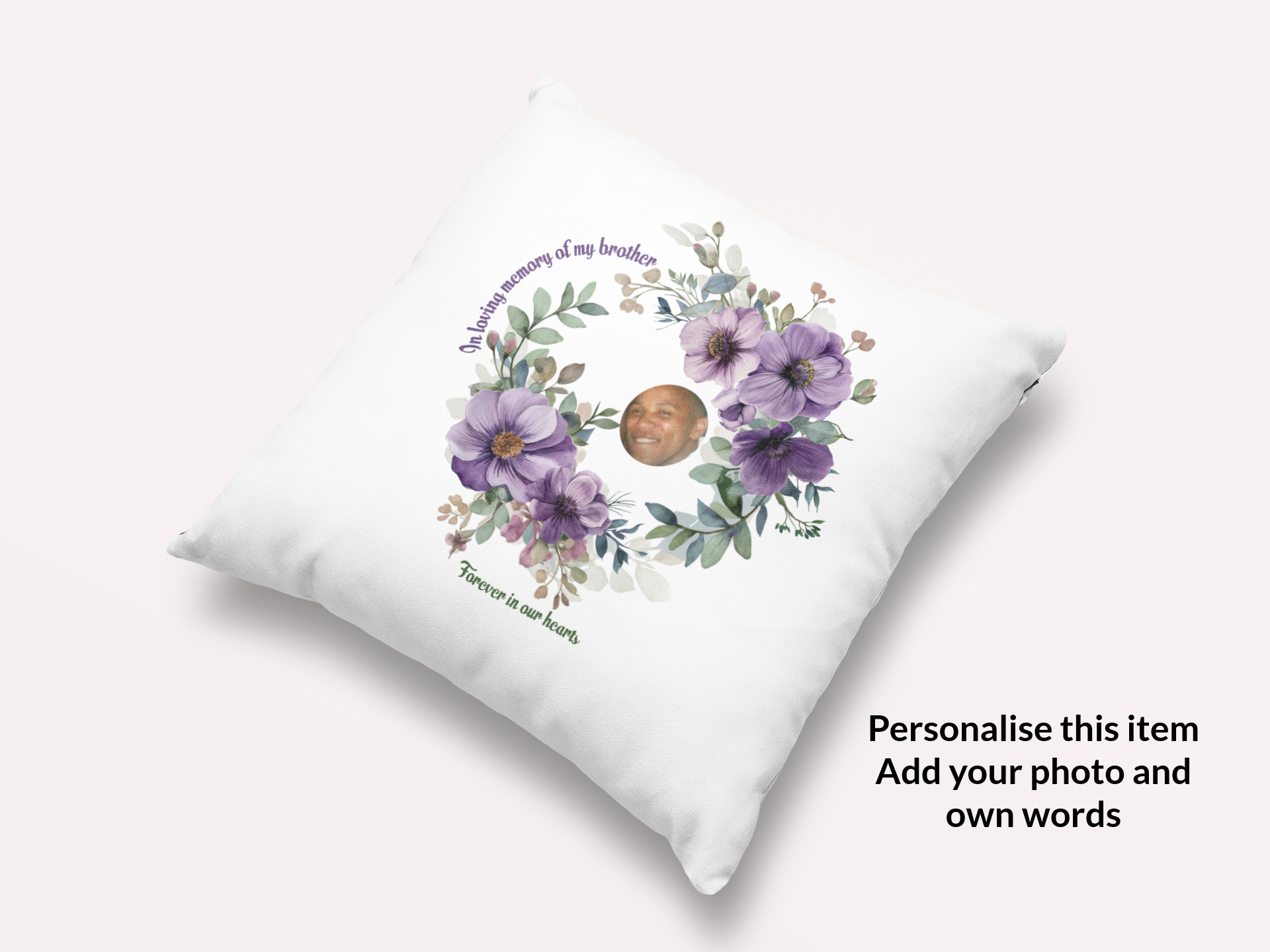 Personalised February Birth Flower Memorial Cushion – Violet Remembrance