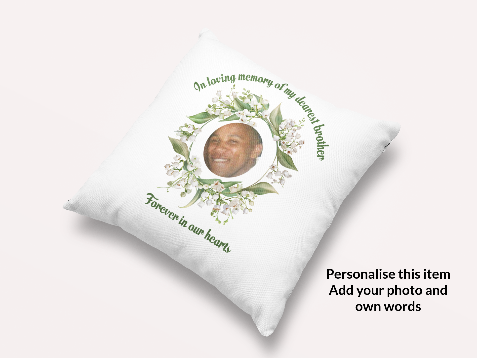 Personalised May Birth Flower Memorial Cushion – Lily of the Valley