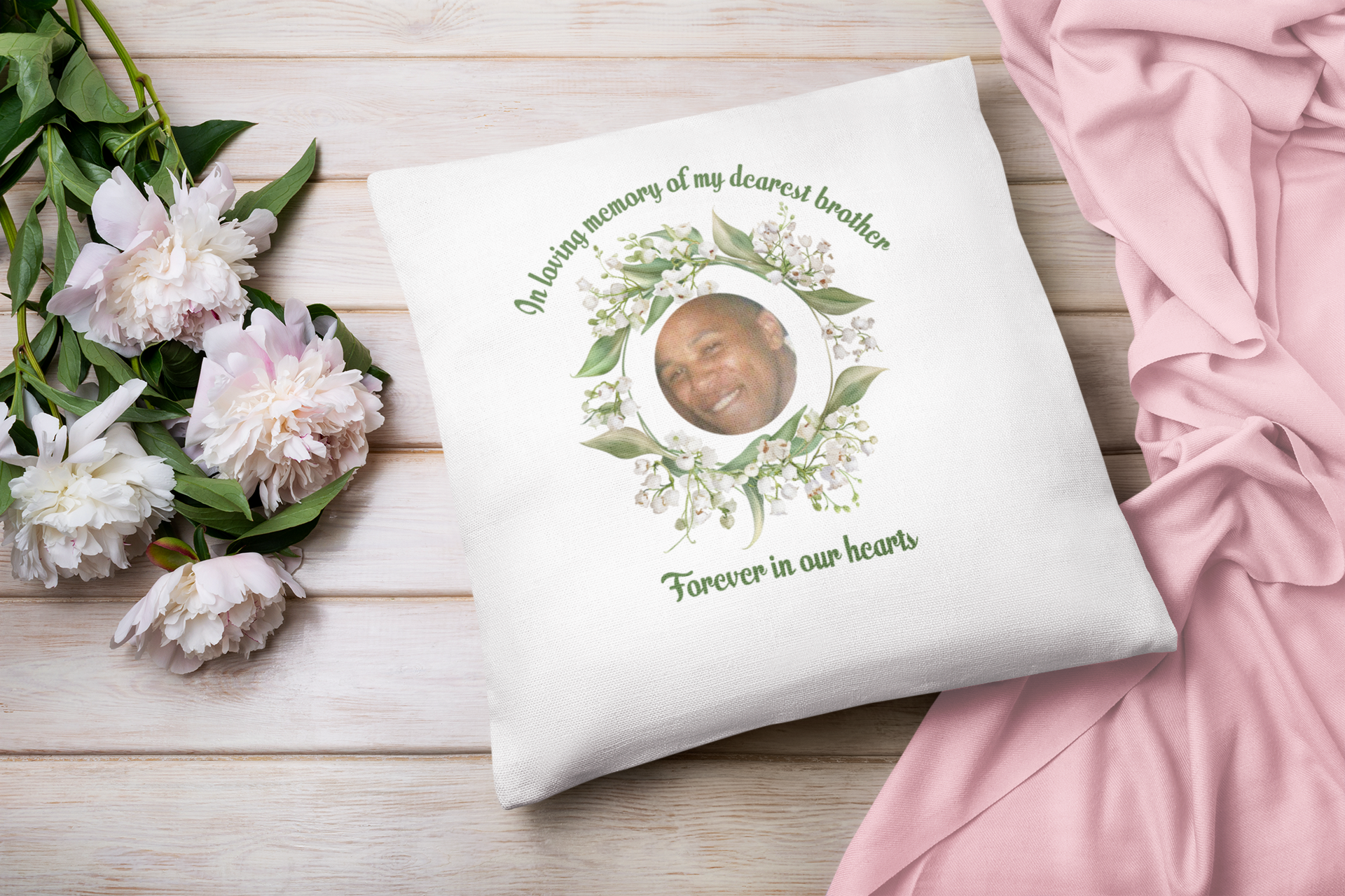 Personalised May Birth Flower Memorial Cushion – Lily of the Valley