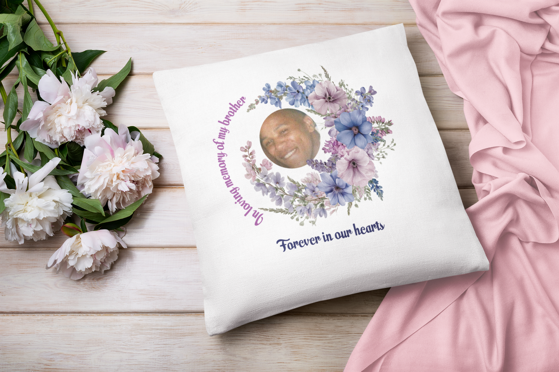Personalised July Birth Flower Memorial Cushion – Larkspur Tribute
