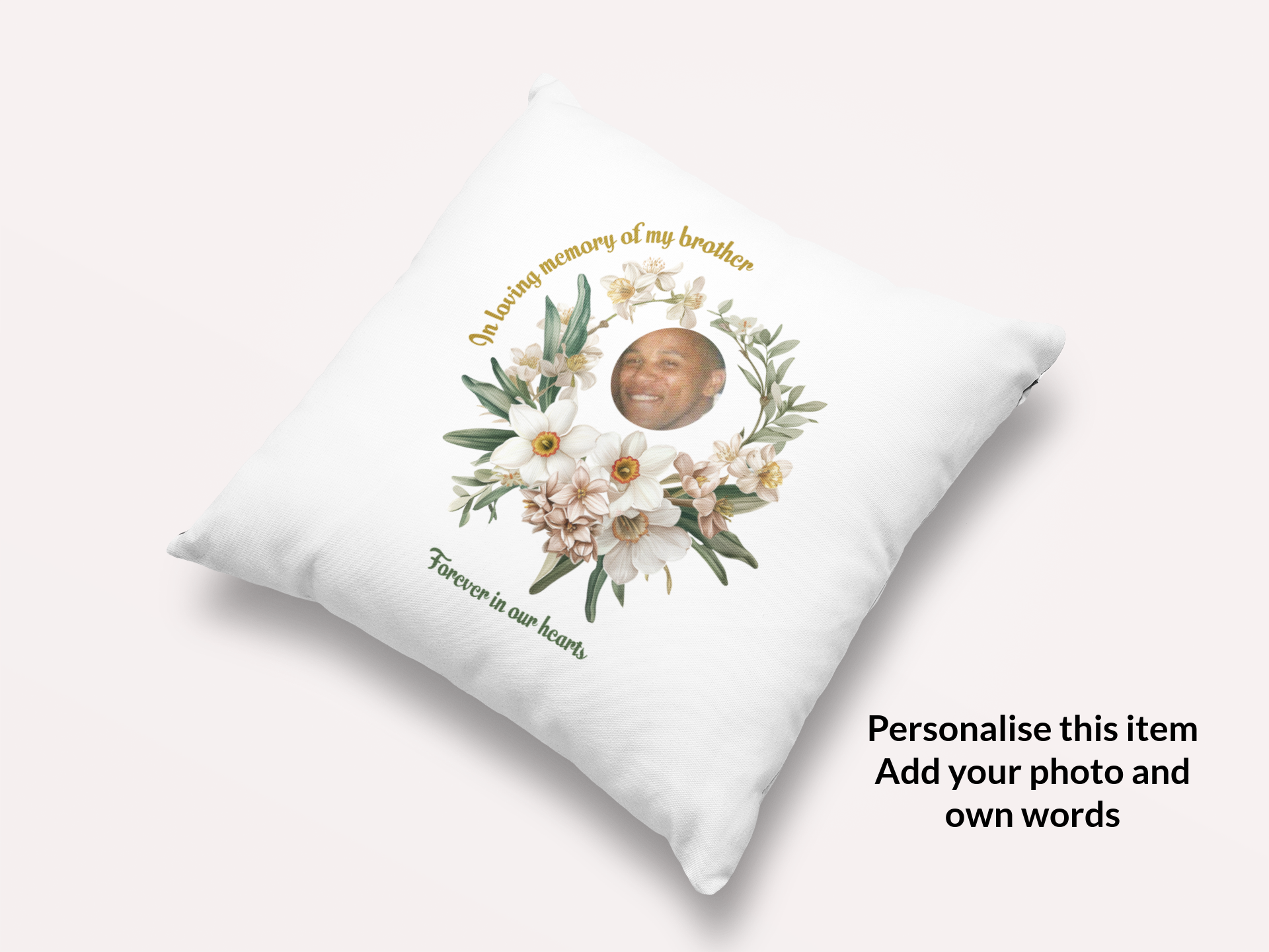 Personalised December Birth Flower Memorial Cushion – Narcissus Design