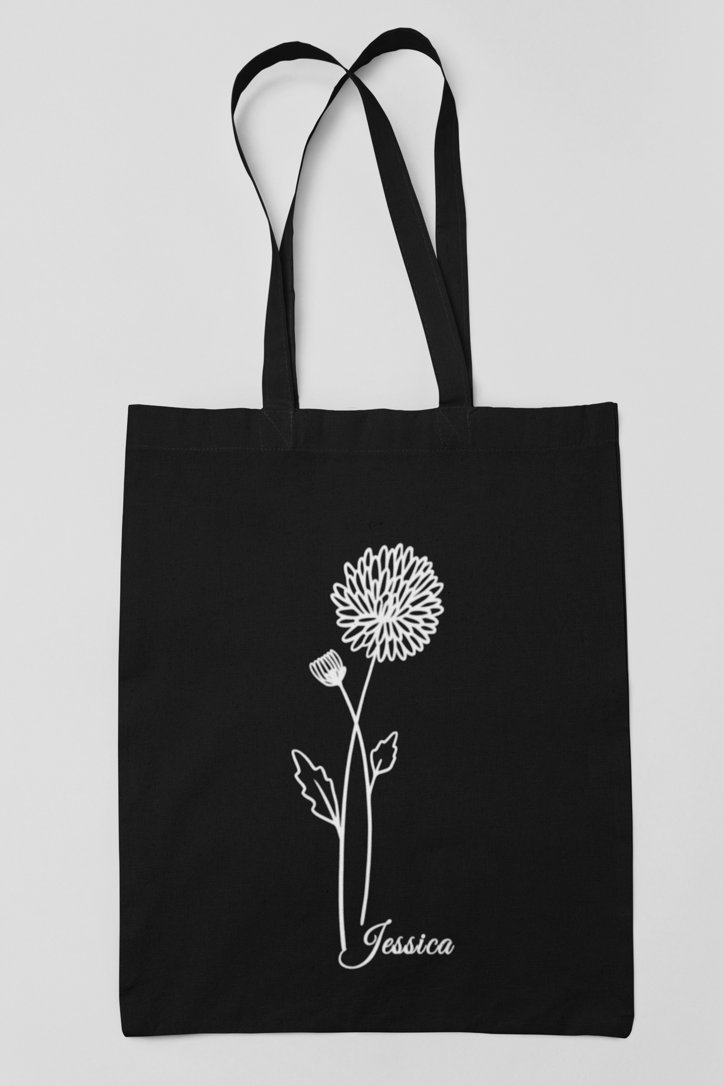 Personalised November Birth Flower Tote Bag – Chrysanthemum Design (White Line Art)