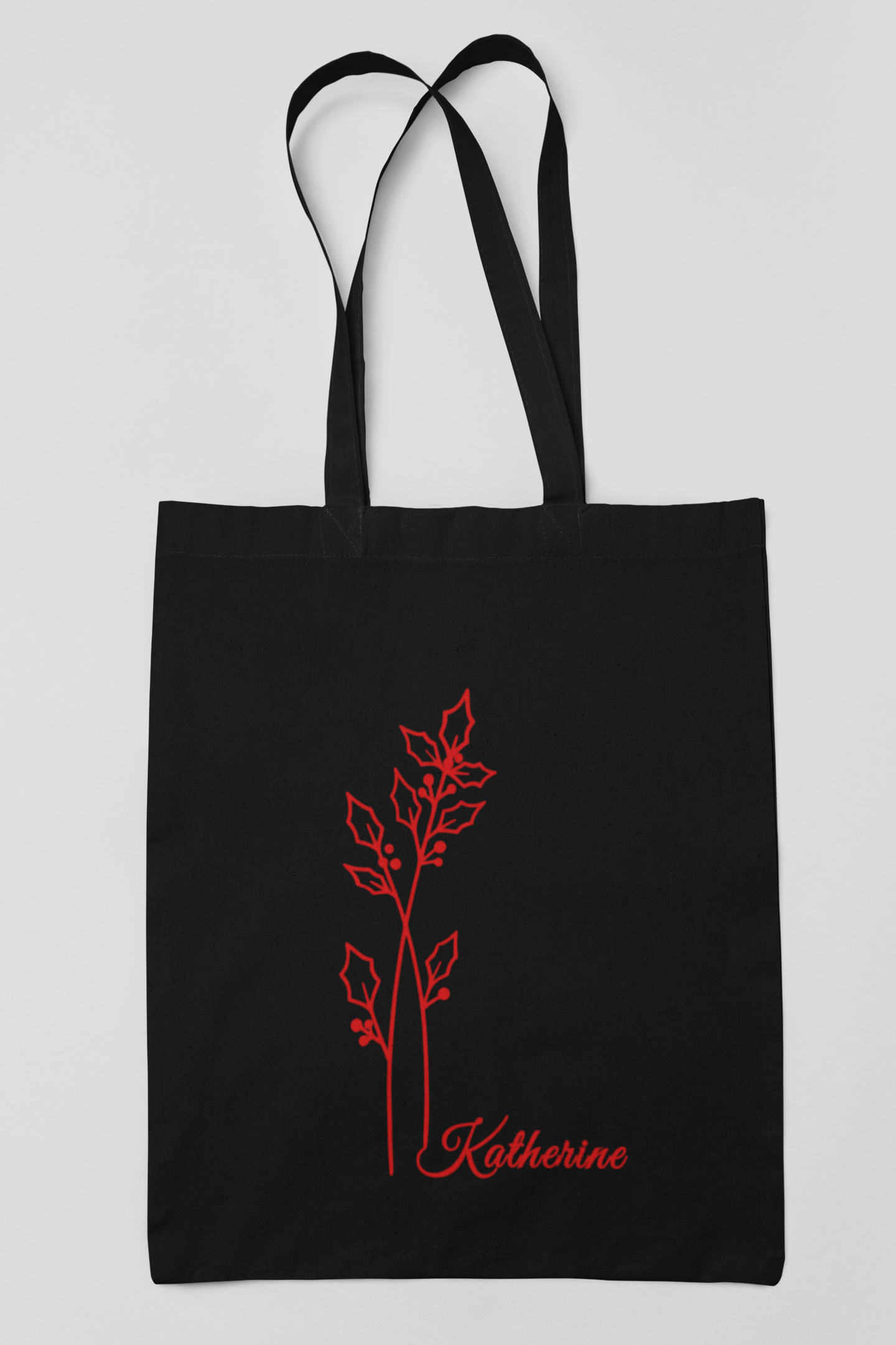 Personalised December Birth Flower Tote Bag – Holly Design (Red Line Art)