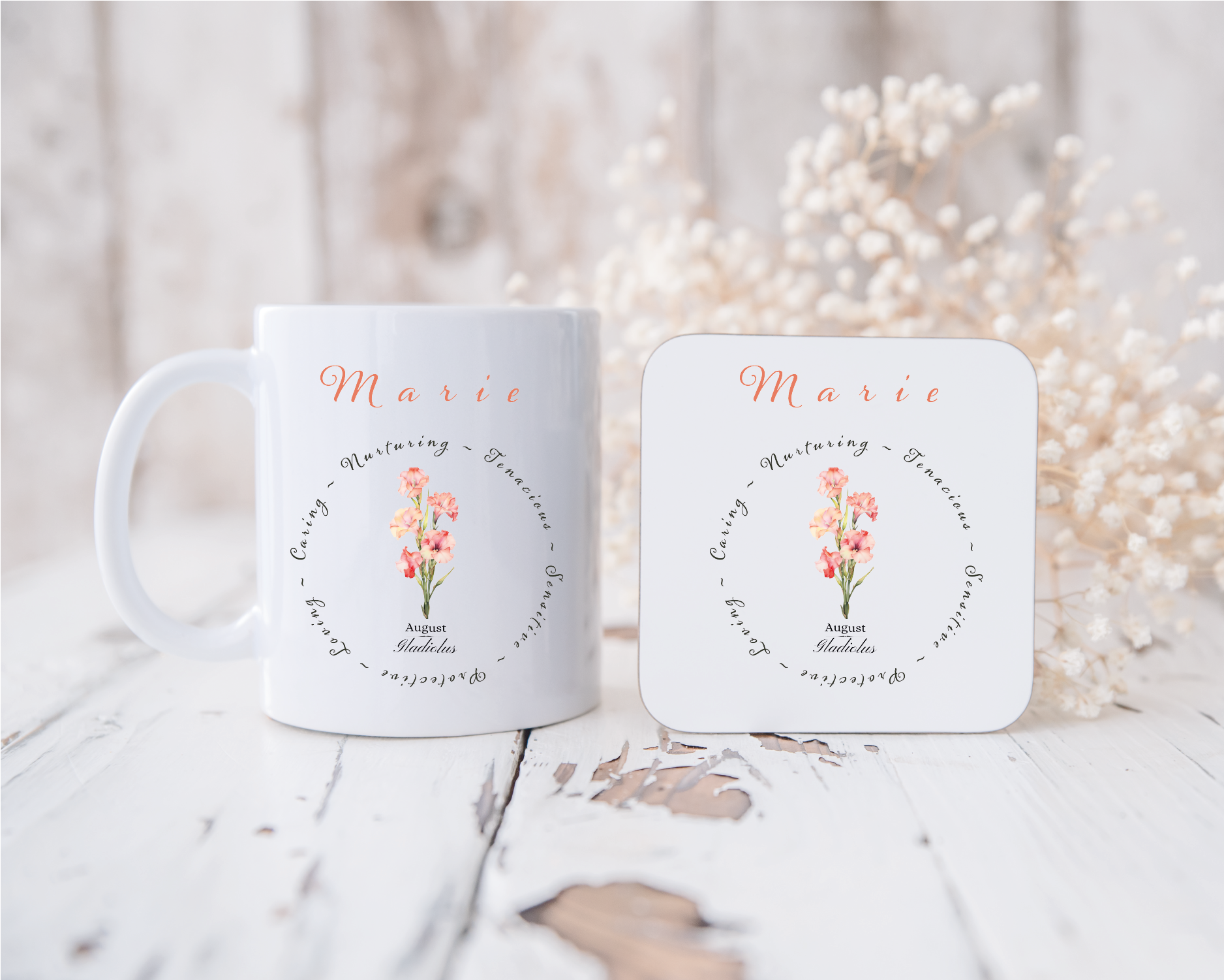 Personalised UK Birth Flower Mug & Coaster Gift Set – January - December 